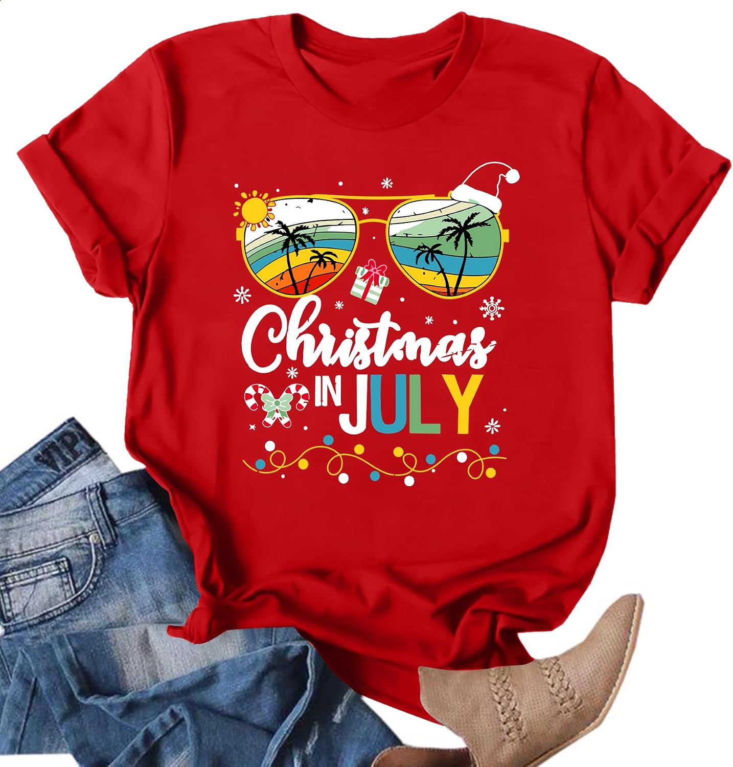 Ithalt Christmas in July Shirt for Women Surfing Santa T-Shirt Tropical Christmas Outfits Summer Vacation Gifts Tops