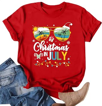 Ithalt Christmas in July Shirt for Women Surfing Santa T-Shirt Tropical Christmas Outfits Summer Vacation Gifts Tops