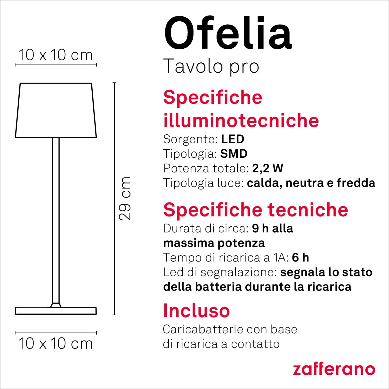 Zafferano, Lampada Ofelia, Lampada da Tavolo Ricaricabile e Senza Fili con Controllo Touch, Utilizzabile anche come Lampada da Esterni, Dimmer, 2200-3000 K, Altezza 29 cm, Colore Salvia
