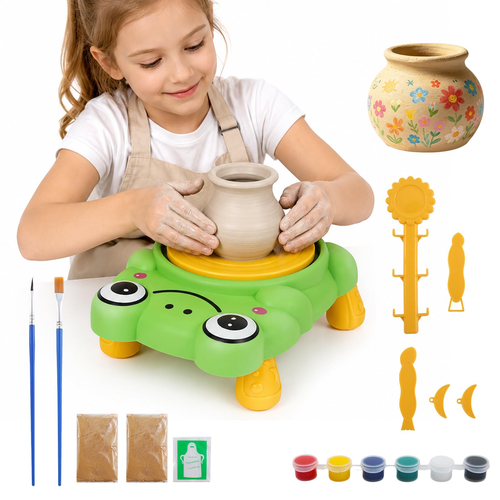 Pottery Wheel for Kids, Complete Pottery Painting Kit Arts and Crafts for Kids Ages 6-12, Kids Pottery Wheel Kit with 2 Pack Air Dry Clay Art Supplies for Boys Girls Christmas Birthday Gift (Green) — image 1