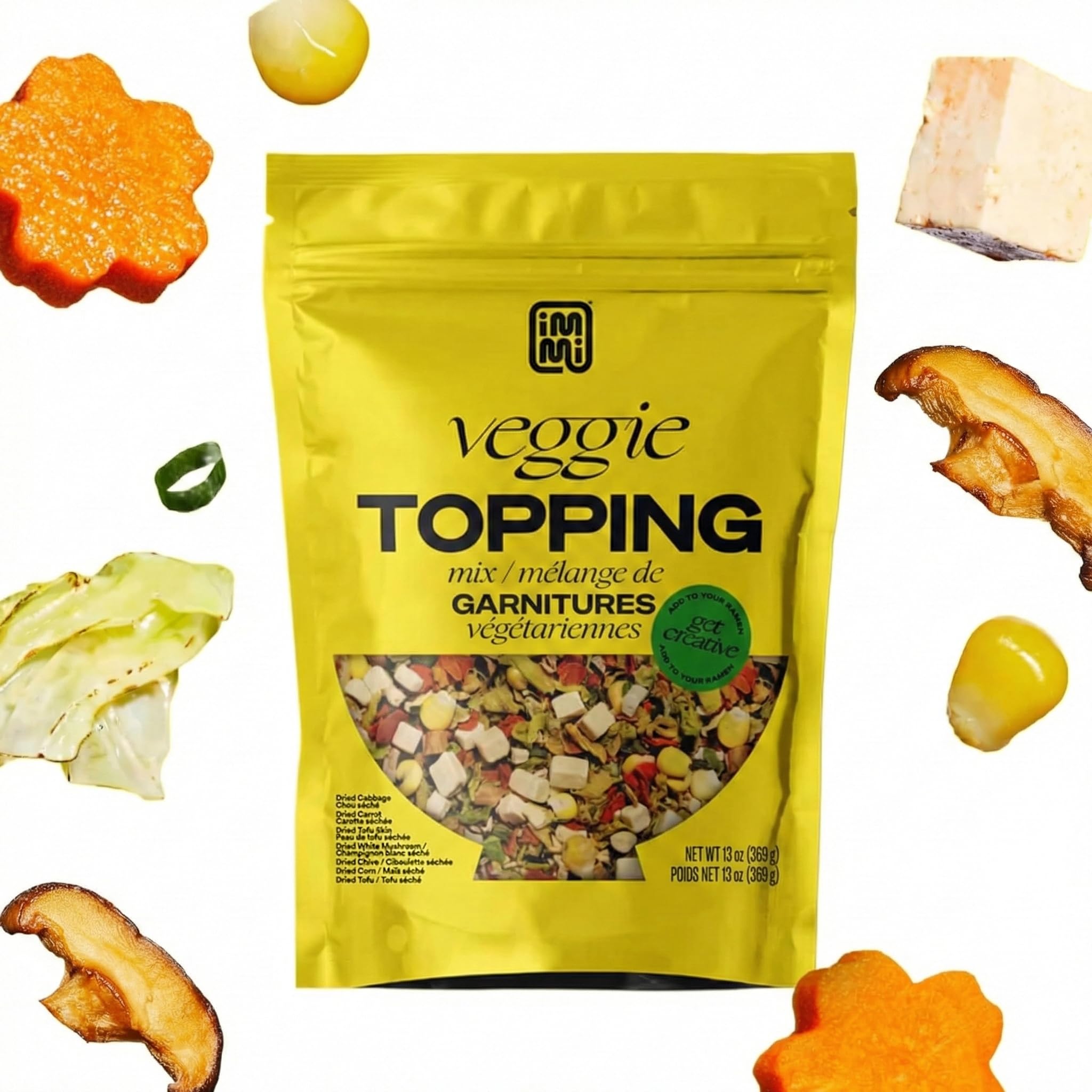 Immi Ramen Toppings Mix – Freeze-Dried Vegetables for Ramen, 13 oz, Carrots, Cabbage, Chives, Corn, Mushrooms, Tofu Cubes, Tofu Skin, Flavorful Vegetable Topping for Cup Noodles