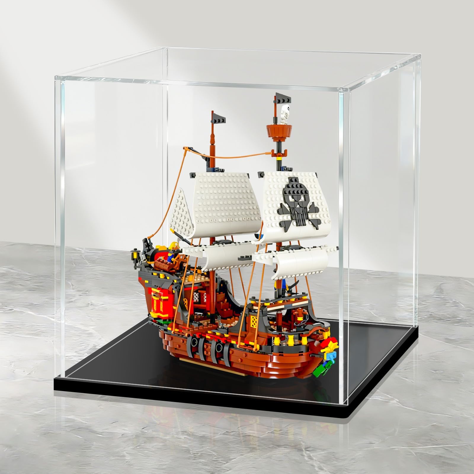 LANSCOERY Large Acrylic Display Case, 18x18x18 in, Upgraded Thickened UV-Resistant Showcase, 10mm Heavy Duty Matte Base, 98% Clarity Dustproof Box for Statues & Memorabilia, Scraper & LED Light