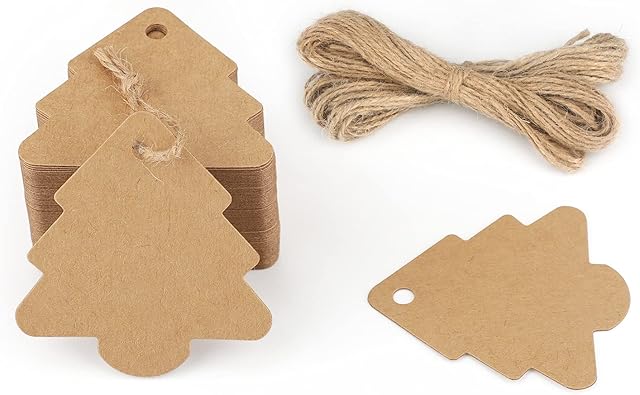 jijAcraft 100PCS Christmas Tree Tags,6 CM * 5.8 CM Brown Kraft Paper Gift Tags, Craft Hang Tags with String