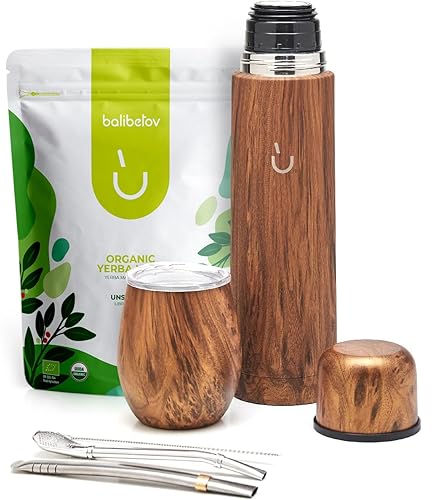 BALIBETOV Juego de yerba mate – 2.2 libras de hoja suelta de yerba mate orgánica – Mate Cup, MateThermal Flask y Bombilla mate paja – Juego de