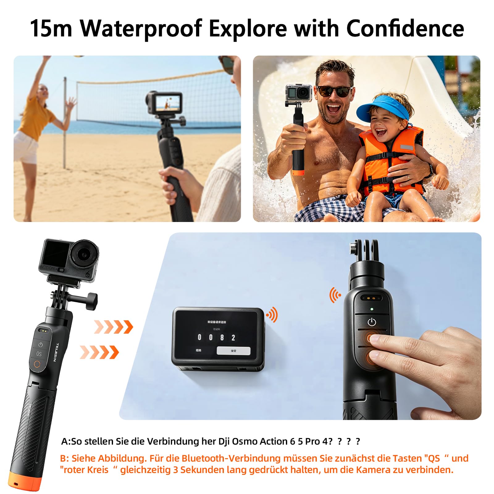 Schwebender Handgriff Selfie Stick Stativ Wasserdicht Ausziehbares Selfie Einbeinstativ Griff mit Bluetooth Fernbedienung für DJI Osmo Action 6 5 Pro 4 Black Action Kamera mit Signalverstärker