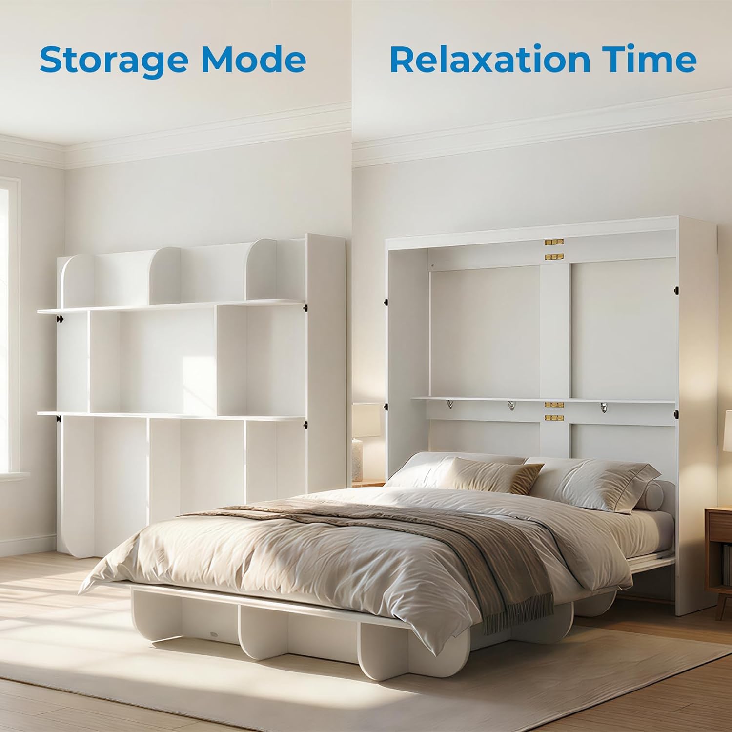 Mjkone Queen Size Wall Bed with Storage Shelf, Queen Wall Cabinet Murphy Beds with Bookshelf, 82" W Top Cabinet Bed Frame, Space-Saving Cabinets Beds for Bedroom/Guest Room/Studio/Office - White