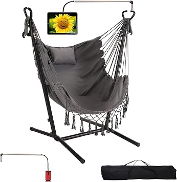 Hammock with Stand Phone Holder Included Double Hanging Chair Macrame Boho Handmade Adjustable Swing Indoor Outdoor Patio Yard Garden Porch 400lbs Capacity 2022 Grey