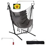 Hammock with Stand Phone Holder Included Double Hanging Chair Macrame Boho Handmade Adjustable Swing Indoor Outdoor Patio Yard Garden Porch 400lbs Capacity &lpar;2022 Grey&rpar;