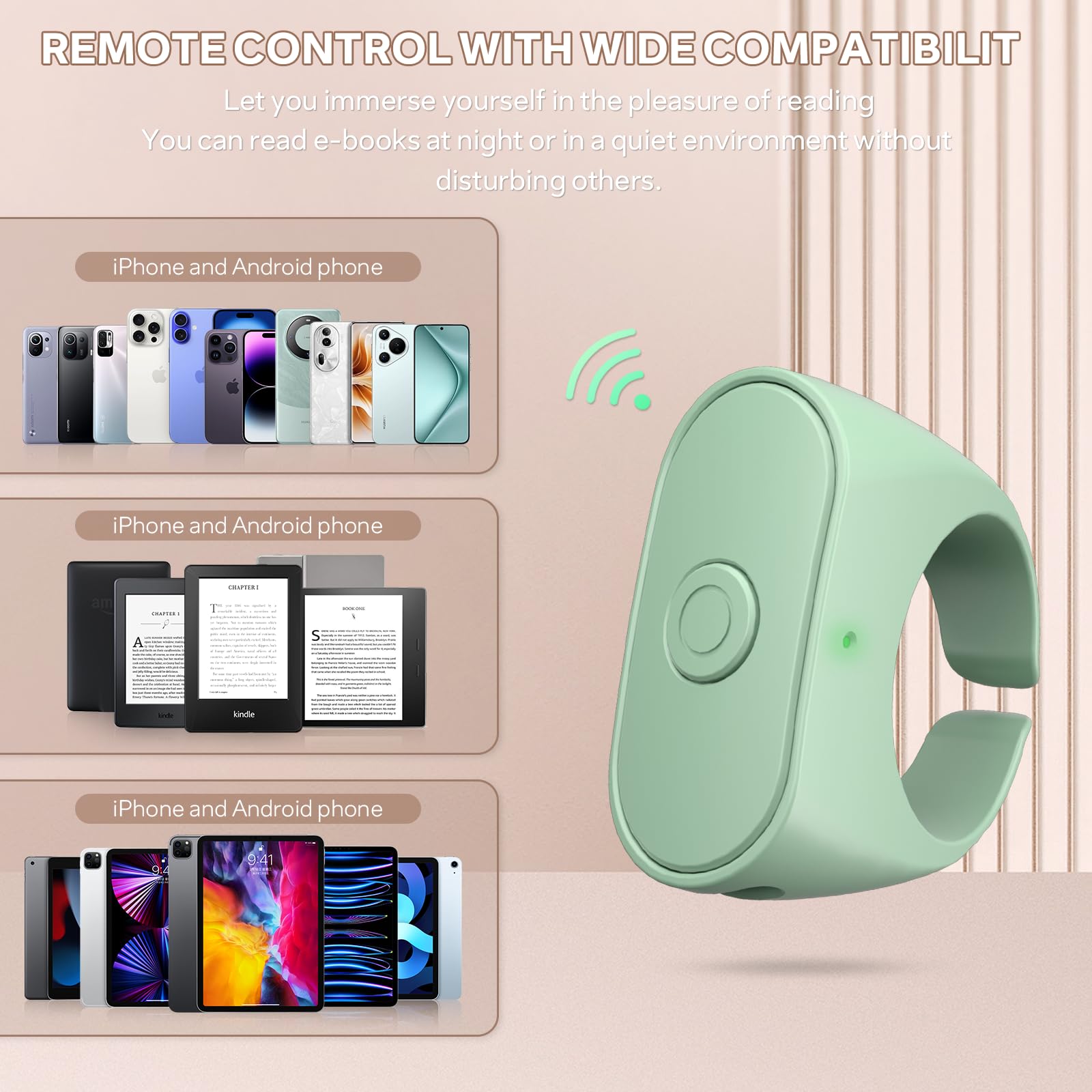Fernbedienung Seitenumkehrer Ring für Kindle Paperwhite Oasis Scribe Kobo eReader, Kamera-Fernbedienung, entworfen für dicke Hülle, Seitenumkehrer Clicker für iPad, Tablets, Lesen von Romanen (grün)