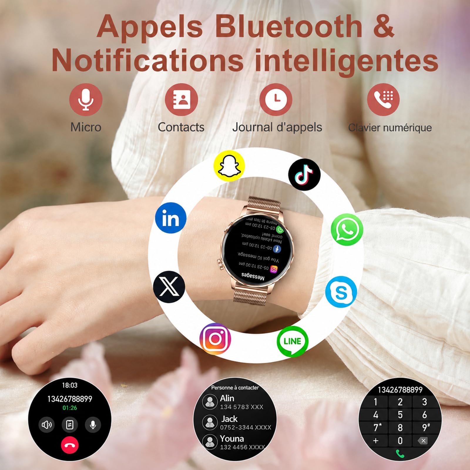 Efolen Montre Connectée Femme avec Appel Bluetooth, 1.27" HD Rond