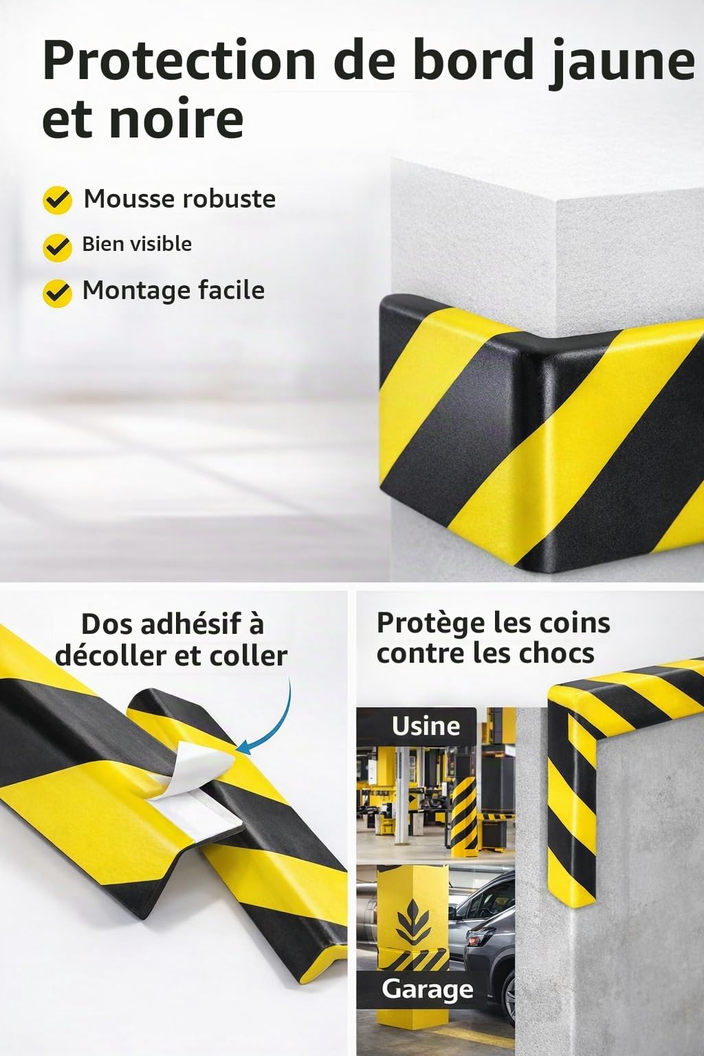 Protection des bords autocollante en polyuréthane - 100 x 4 x 4 cm - Profilé de protection des coins jaune/noir - Protection murale et d'angle - Protection contre les démarrages pour garage, entrepôt