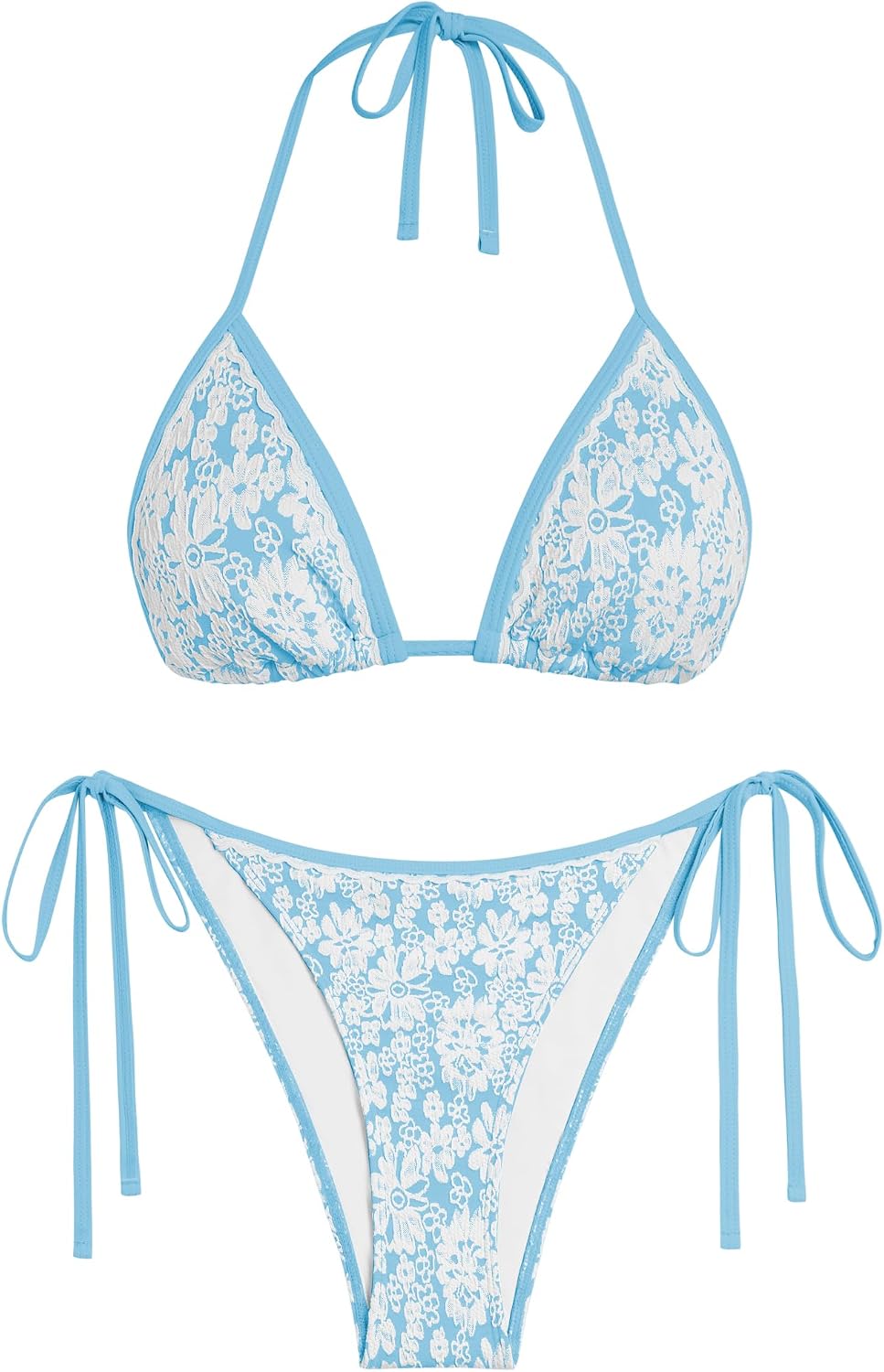ZAFUL Women's Halter Bikini Sets Textured Floral Print Swimwear Tie Sides Cheeky Swimsuit 2 Piece Bathing Suit