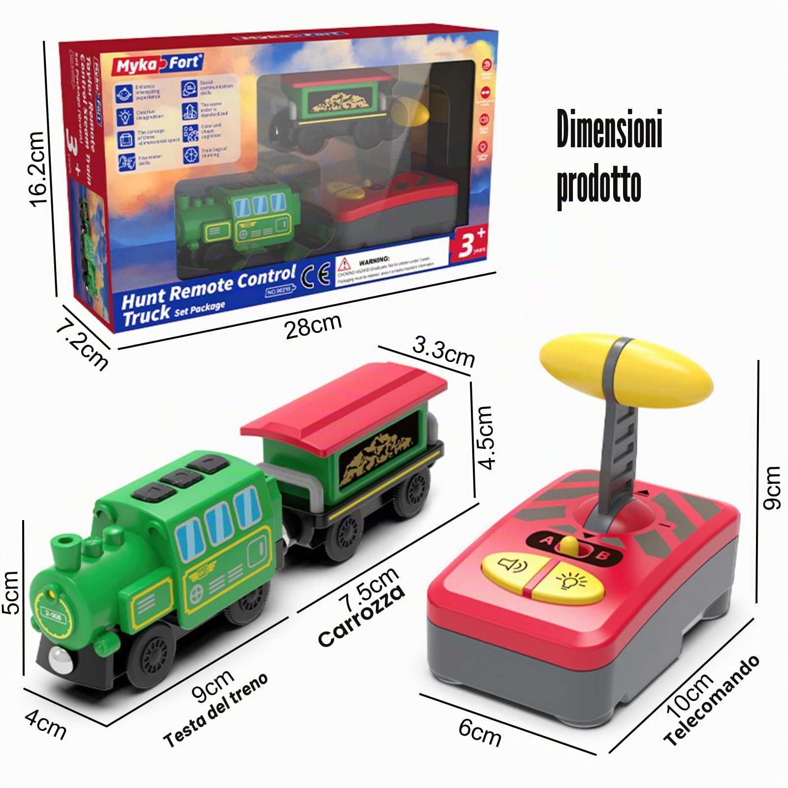 OBEST Treno elettrico telecomandato, per bambini dai 3 anni in su, compatibile con ferrovie in legno, connessione magnetica, giocattolo con luce e musica, regalo per bambini
