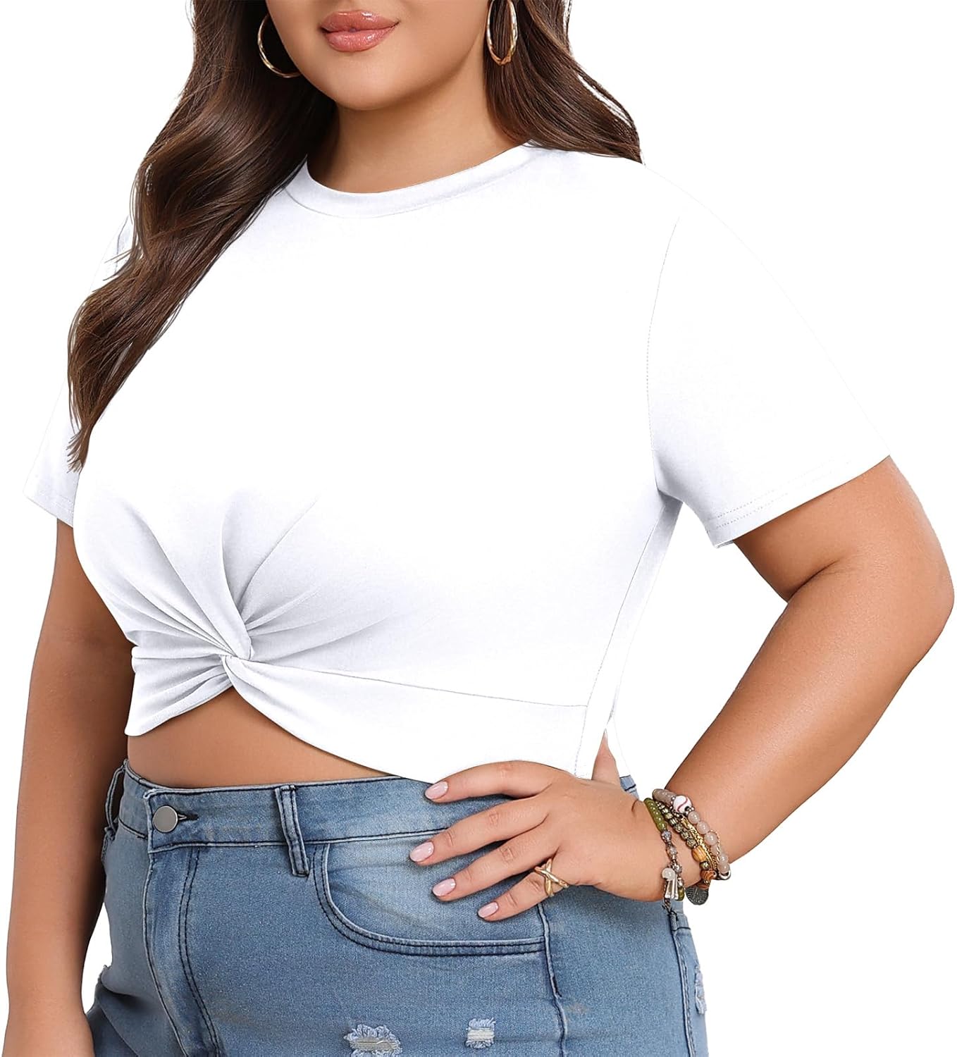 Lastshe Women's Plus Size Summer Crop Tops Short Sleeve Blouses Tie Twist Front Tee T-Shirt Outfits - Image 6