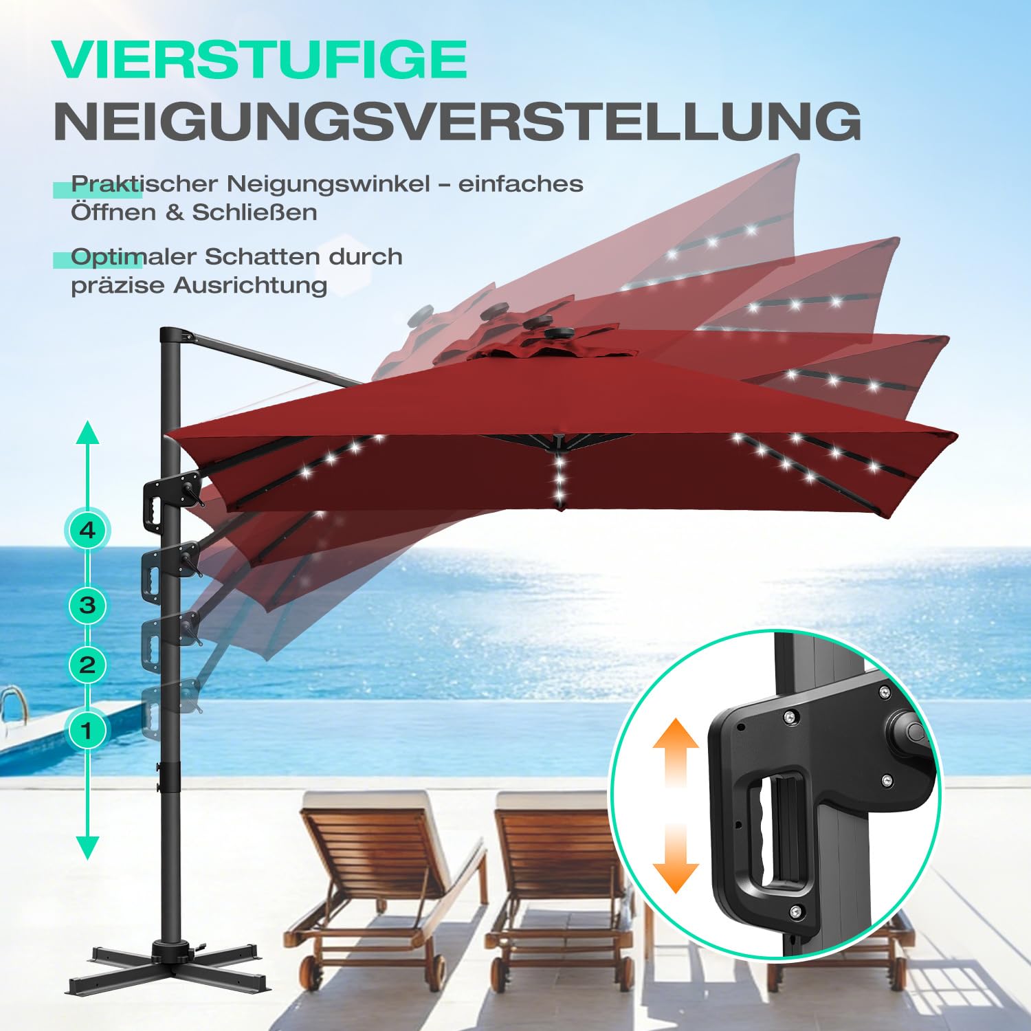 300 x 300 cm Sonnenschirm Ampelschirm Groß Solar LED, Gartenschirm mit Kurbel, 360° drehbar und kippbar, UV50+ Terrassenschirm mit Aluminiumgestell für Garten Terrasse