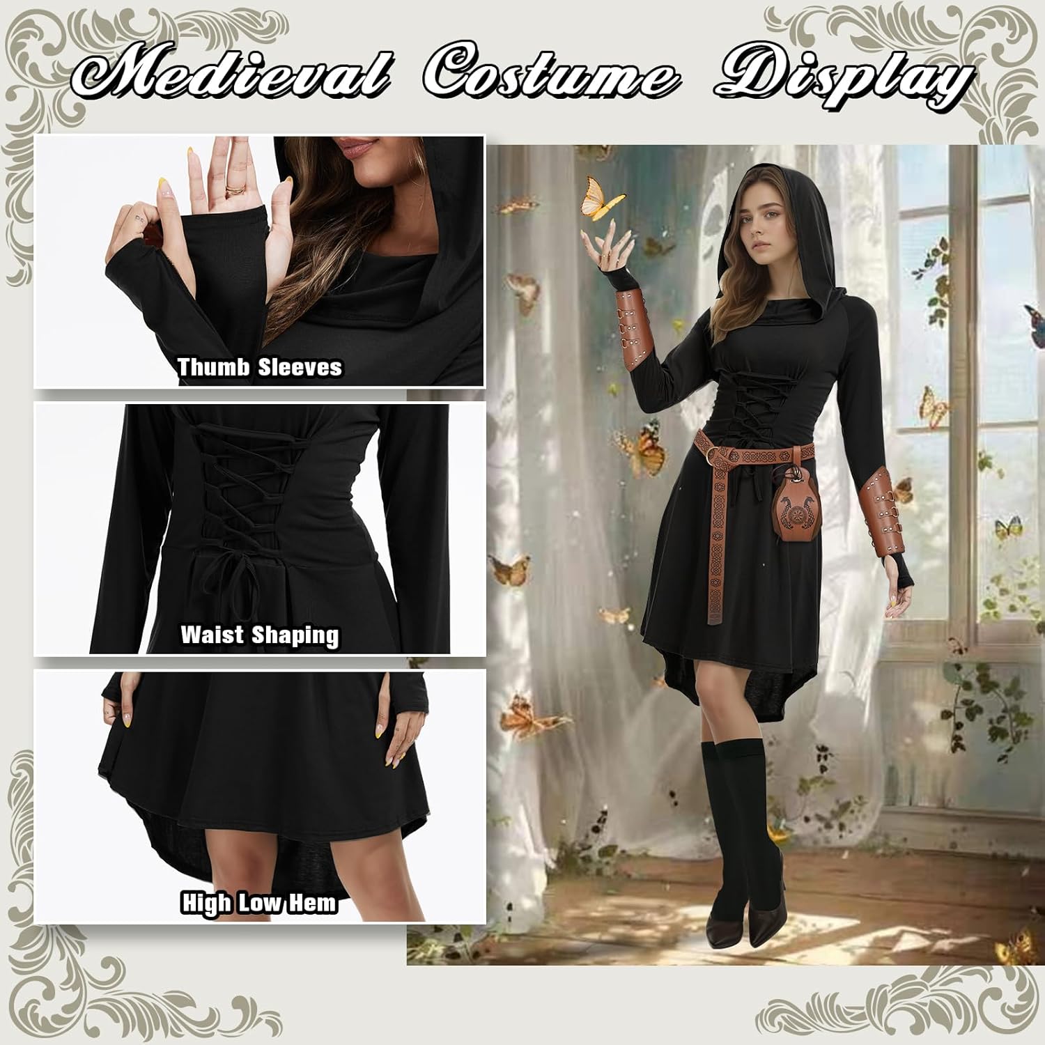 5 Pcs Renaissance Women Costume Medieval Hooded skirt Vintage Arm Guard Printed Belt and Waist bag - Image 2