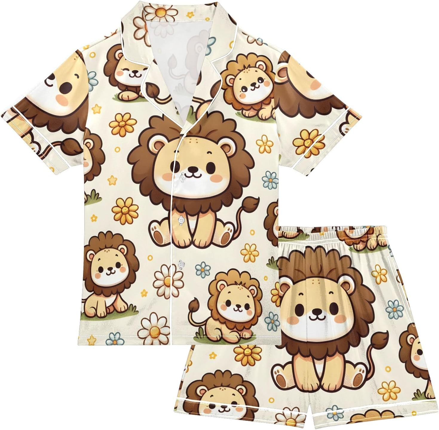 Kids Casual Satin Wear Set Cartoon Cute Lion and Little Daisy Unisex Short Sleeve Clothing for Relaxing