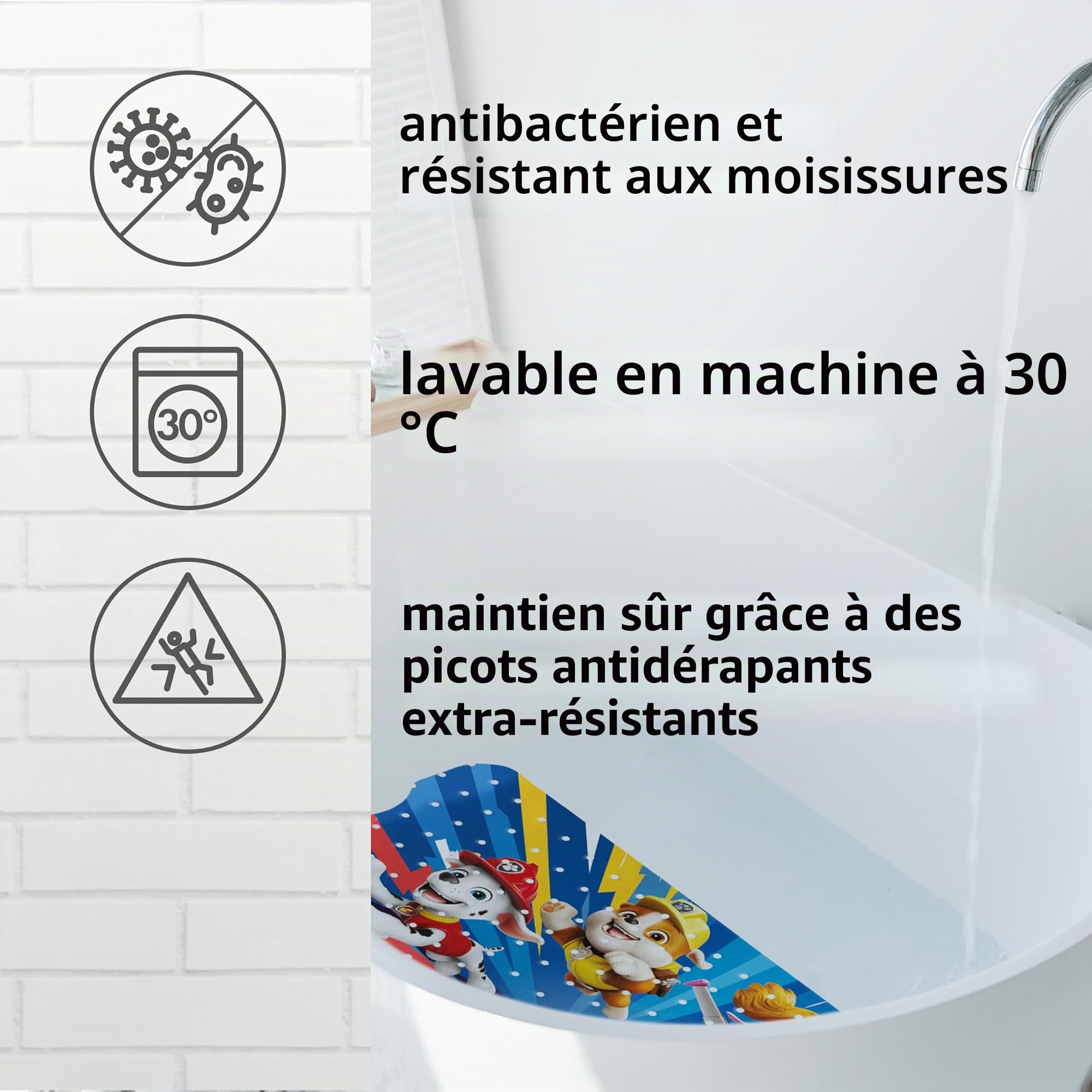 PAW Patrol Tapis de bain antidérapant pour enfants - Anti-moisissure, antibactérien, avec ventouses, crochets et trous de drainage, 100x40cm