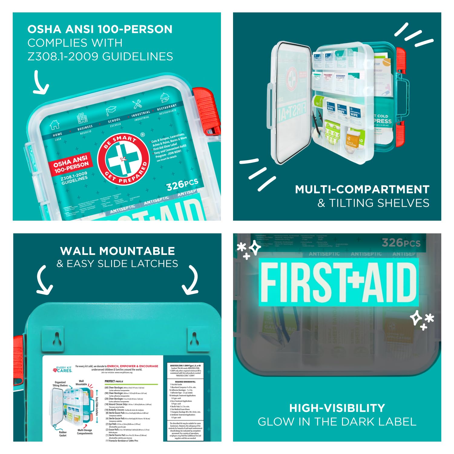 Be Smart Get Prepared First Aid Kit, Teal, 326 Piece, Exceeds OSHA and ANSI Guidelines 100 People - Office, Home, Car, School, Emergency, Survival, Camping, Hunting and Sports — Amazon image 5