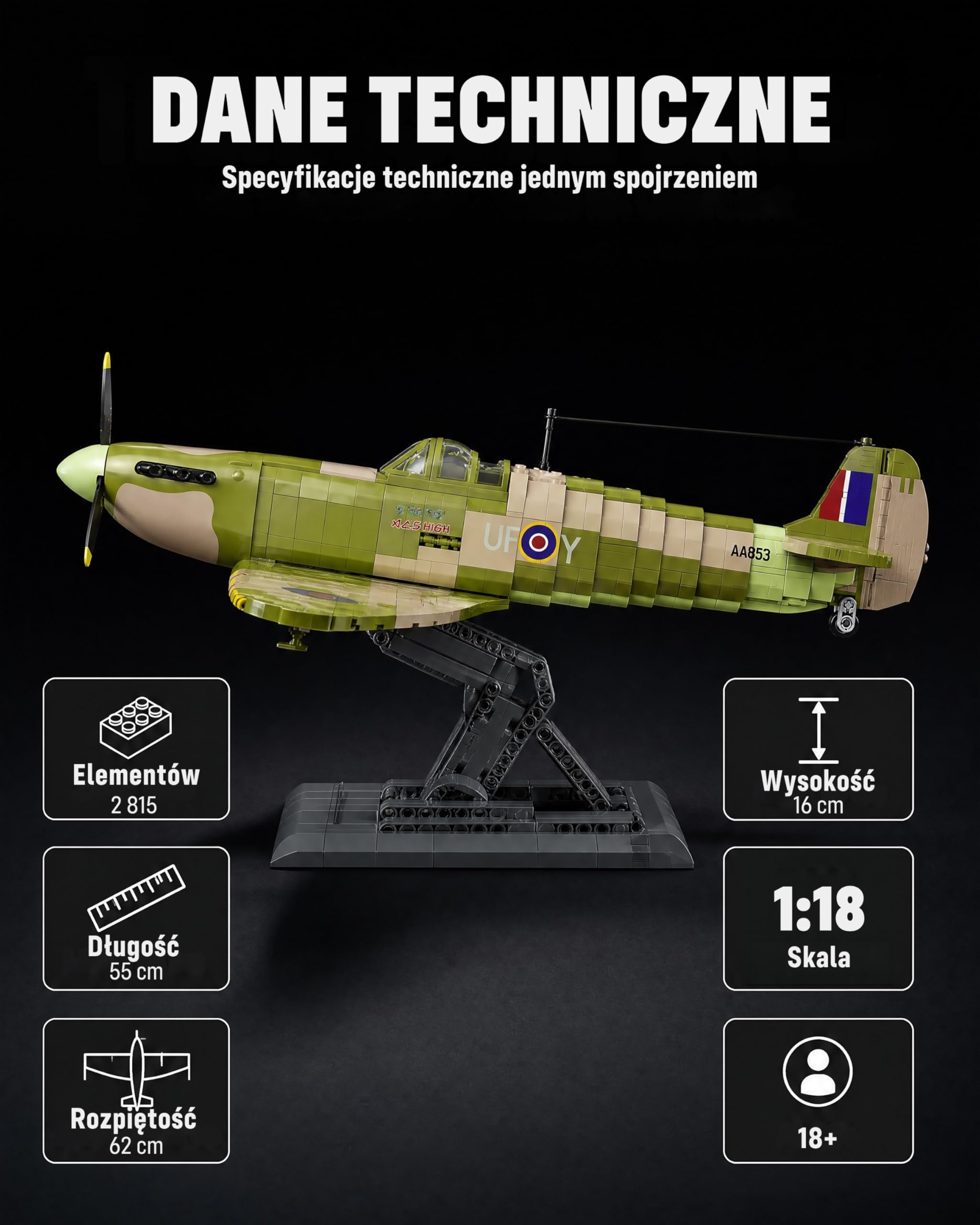 Revell Brick System 00962 Iron Maiden Spitfire MK.II Aces High - zestaw modeli cegieł - skala 1:18 niezabudowana, długość 52,5 cm, ponad 2500 sztuk, zawiera figurkę Eddiego, stojak ekspozycyjny i