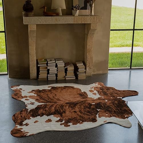 Miniatura 4 de rugoo Alfombra de piel de vaca de 6.3 x 7.9 pies, alfombra de piel sintética tricolor, alfombra de piel sintética con estampado de vaca, alfombra de