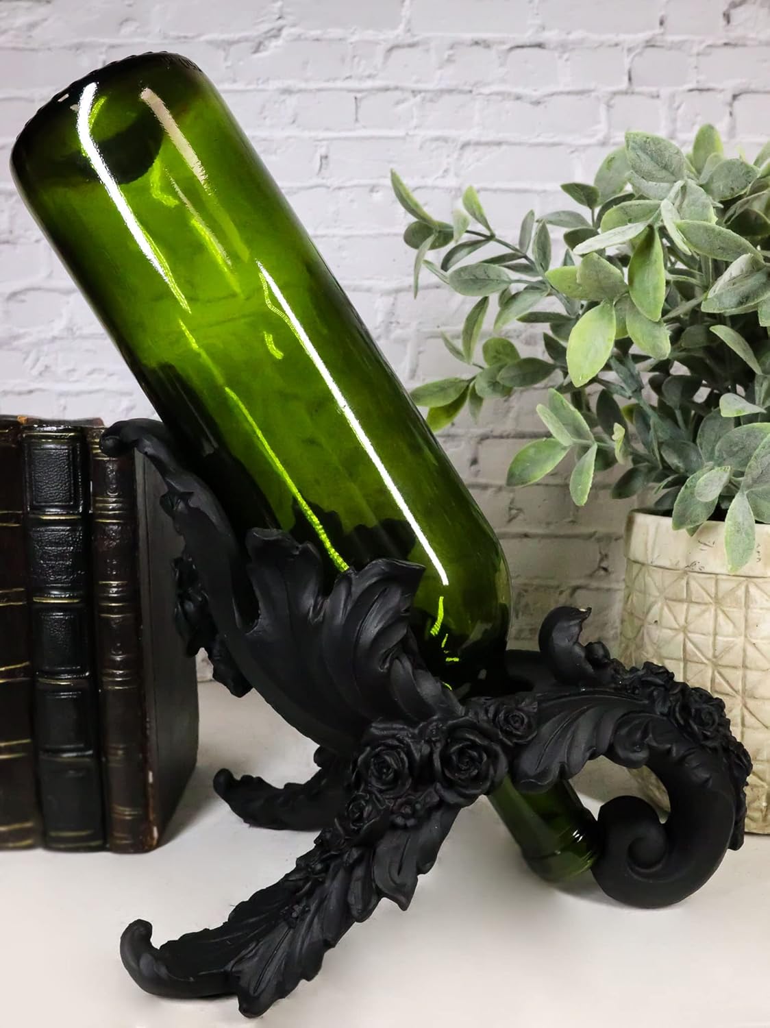 Ebros Gift Victorian Antique Black Roses Bottle Wine Holder Figurine Kitchen Tabletop Countertop Decor Rack Kitchen Statue Decorative Sculpture