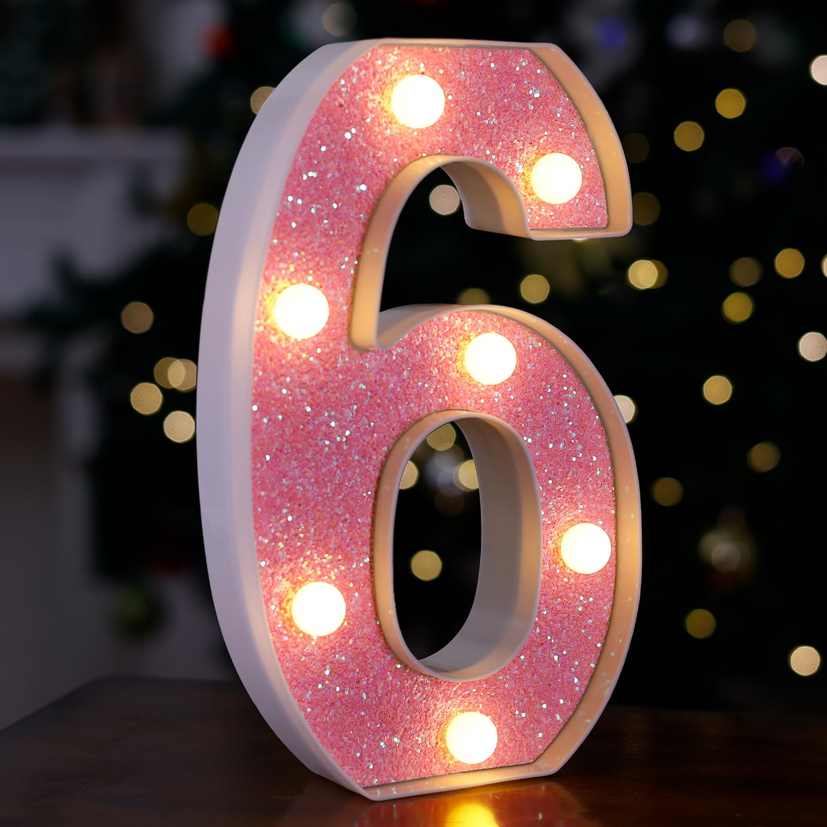 LED Letter Lights Pink Glitter Marquee Letters Light Up Alphabet Letters Sign Battery Powered for Home Party Decoration Night Bar Wedding Birthday Christmas Lamp Girls Gift - Number 6 — image 1
