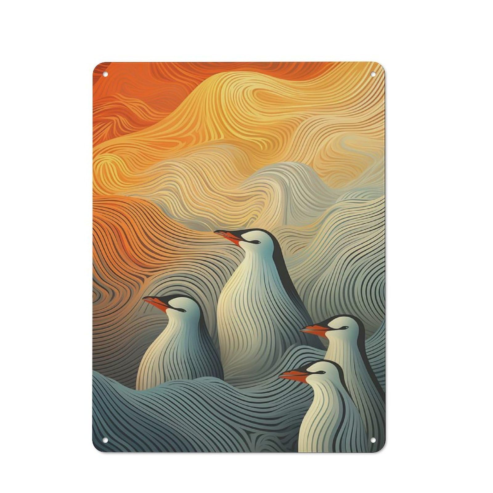 Wavy Penguins Metal Tin Sign, Clean Printed Wall Decor for Breakfast Nook, Kitchen Wall And Home Cafe, 40x30cm