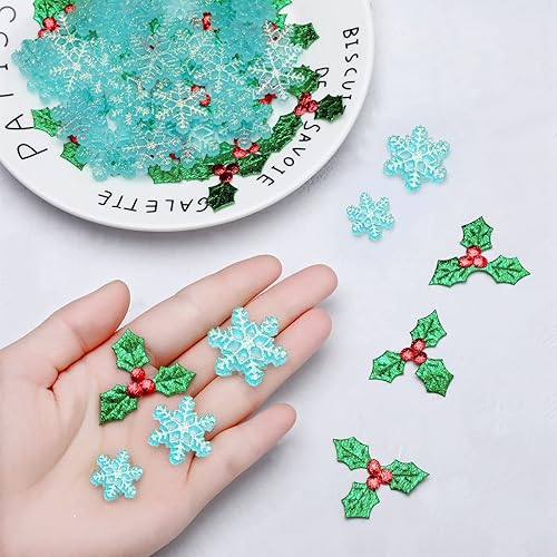 Miniatura 2 de 50 piezas de decoración de copos de nieve de resina, 100 piezas de dijes de hojas de acebo y bayas de Navidad, adornos de Navidad en forma de nieve,