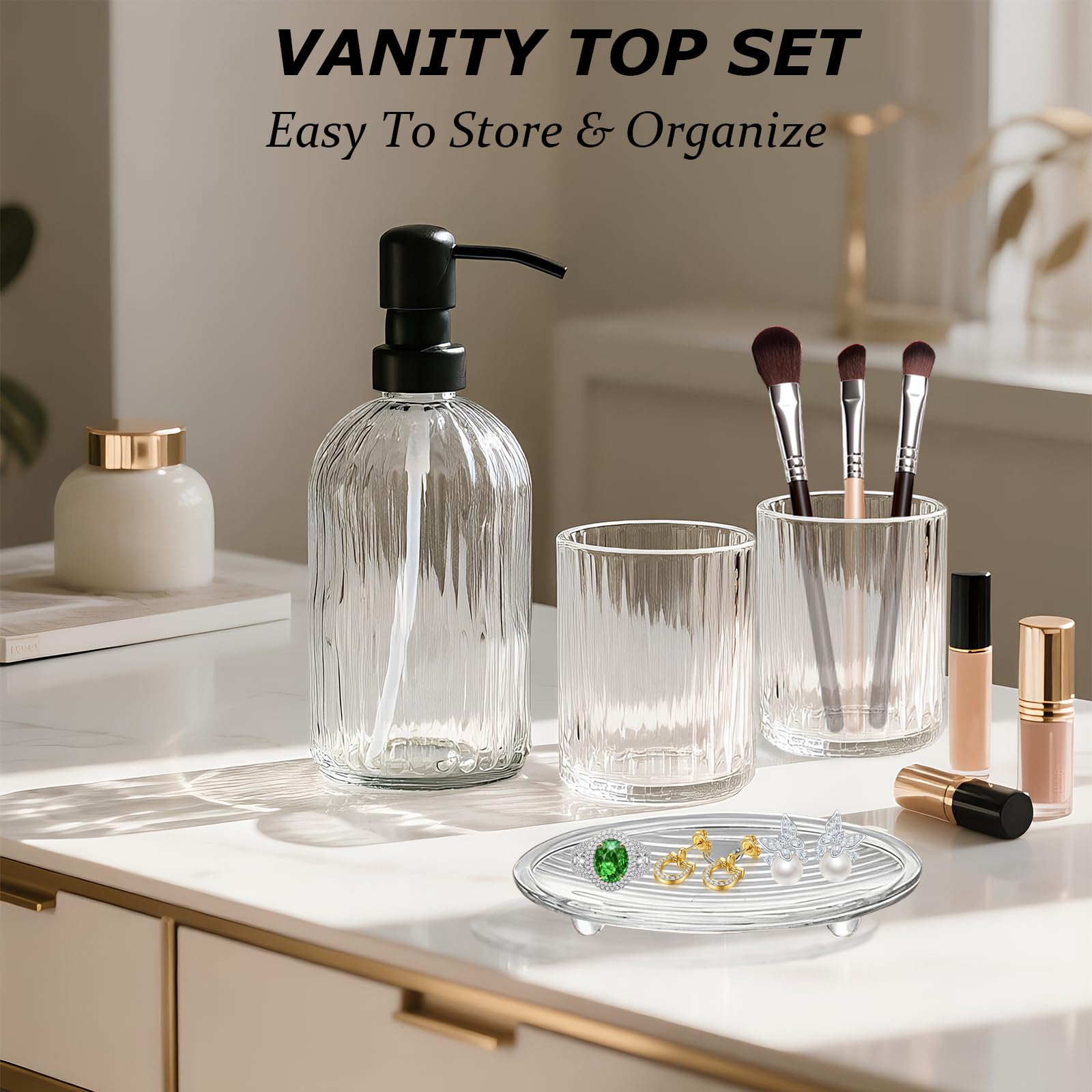 Set di 4 accessori da bagno, accessori da bagno in vetro trasparente, dispenser per sapone, porta spazzolino, tazza e portasapone, set decorativo per bagno, lavandino