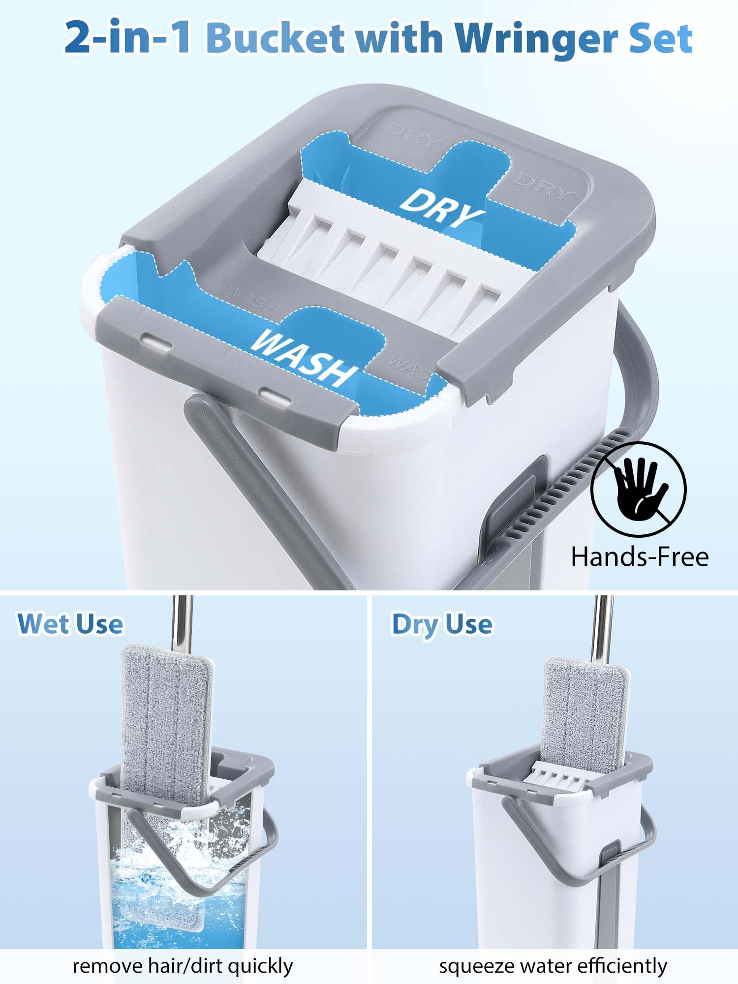 Trapeador y cubo con juego de escurridor, fregona plana y cubo para limpieza de suelos del hogar, manos libres, 3 fregonas