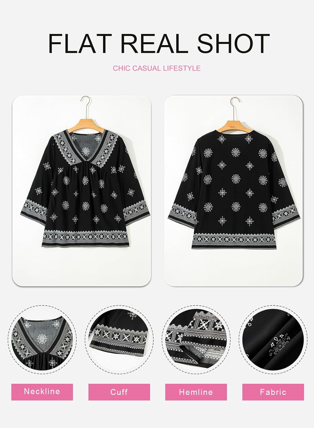 SHEWIN Womens Summer Tops Casual Retro Print V Neck 3/4 Sleeve Boho Vacation Blouses Shirts - Image 6