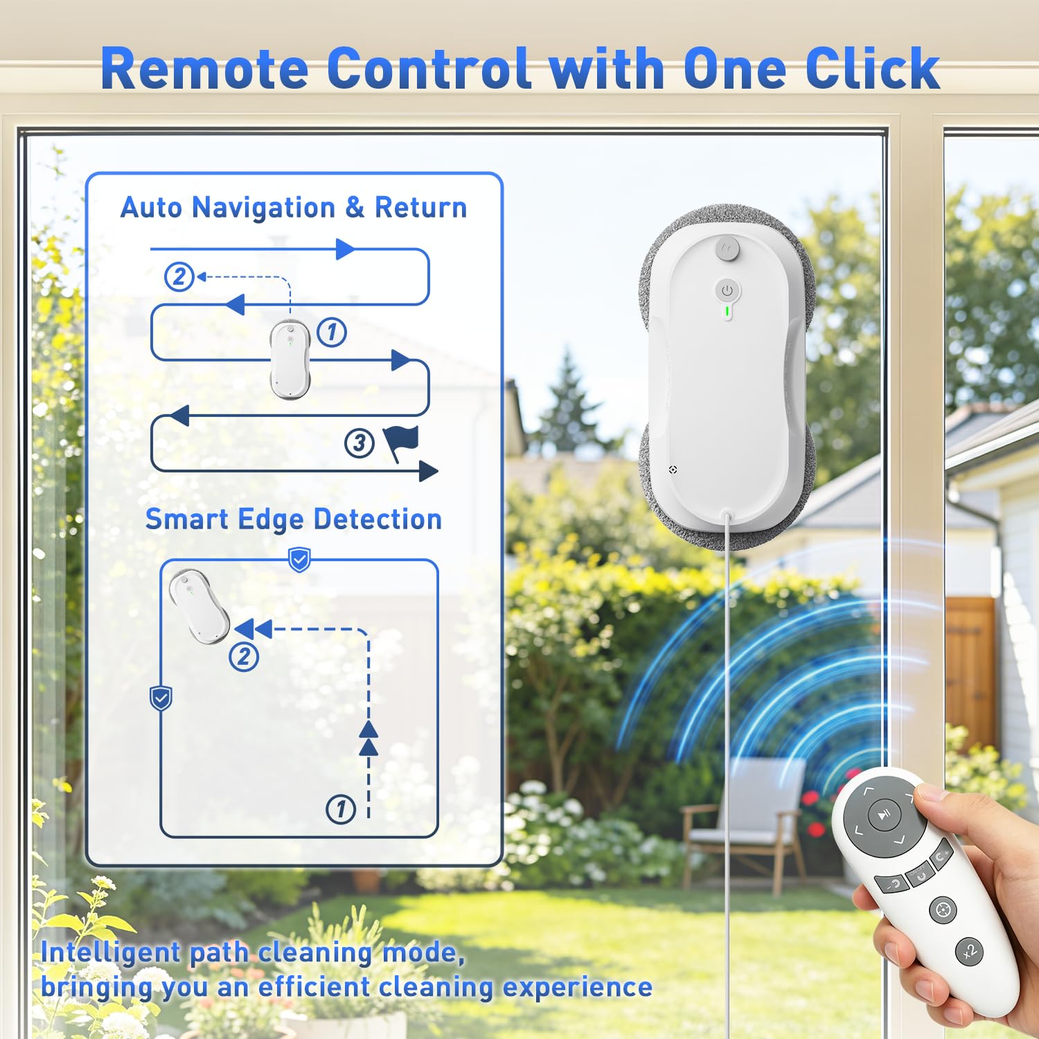 KKI Robot de nettoyage de vitres, robot nettoyeur de fenêtres, double pulvérisation, max 3200 pa, planification de chemin IA et détection des bords, télécommande pour fenêtres hautes, porte en verre