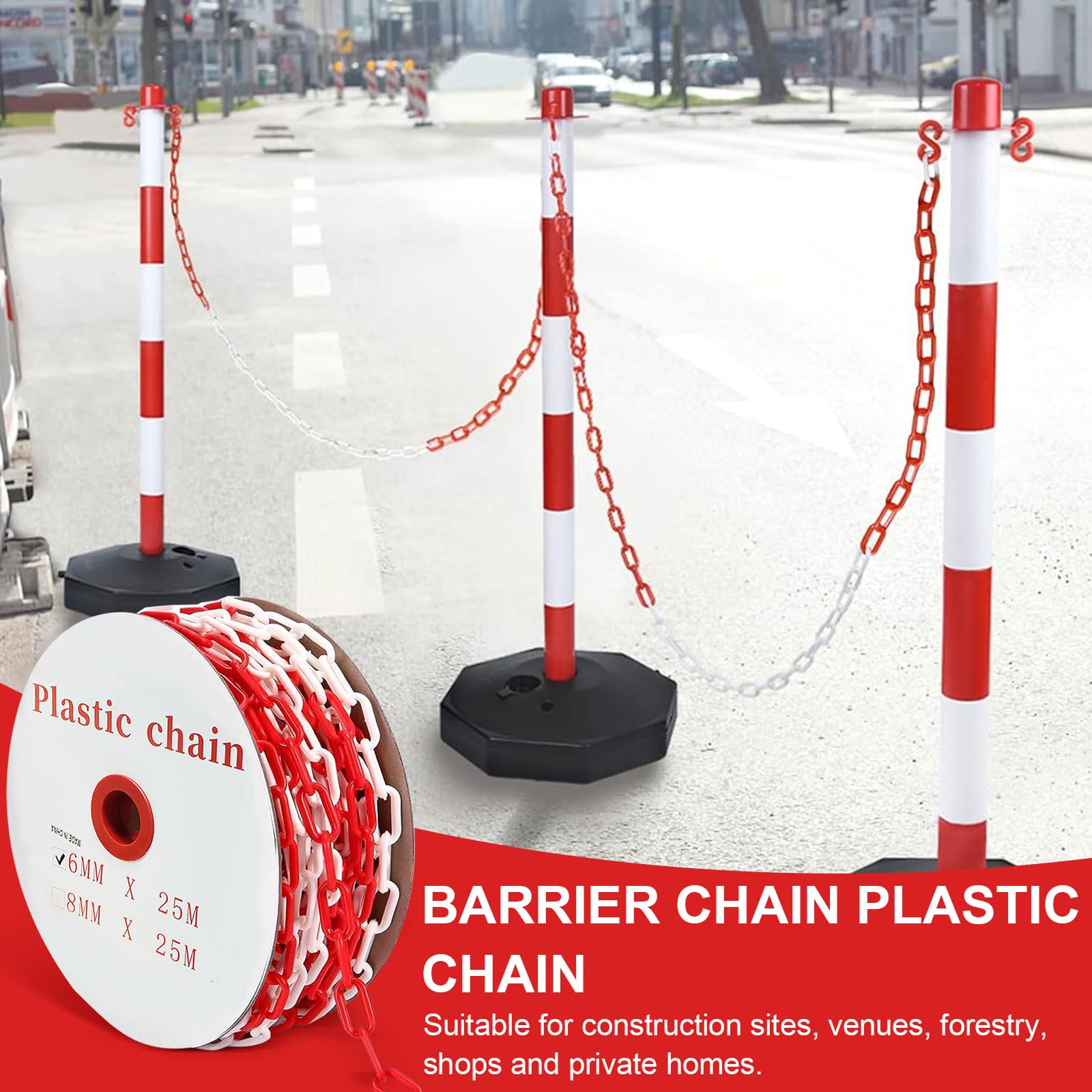 Cadena de seguridad roja y blanca 25 m 6 mm plástico con 4 mosquetones