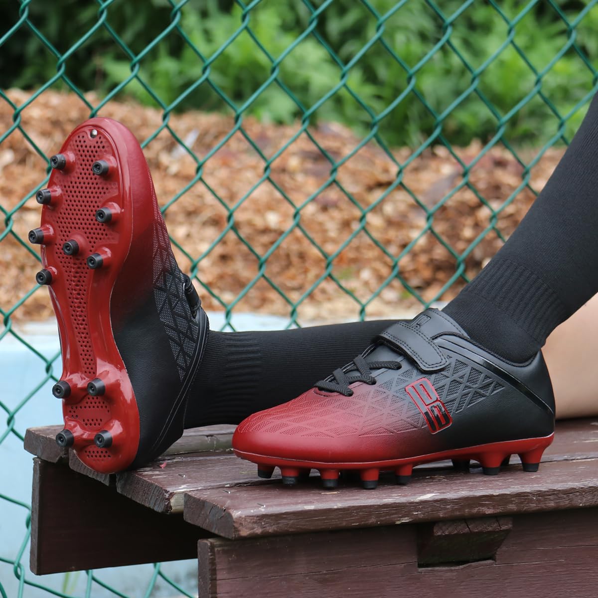 brooman Kids Firm Ground Soccer Cleats Boys Girls Athletic Outdoor Football Shoes (1,Black Red)