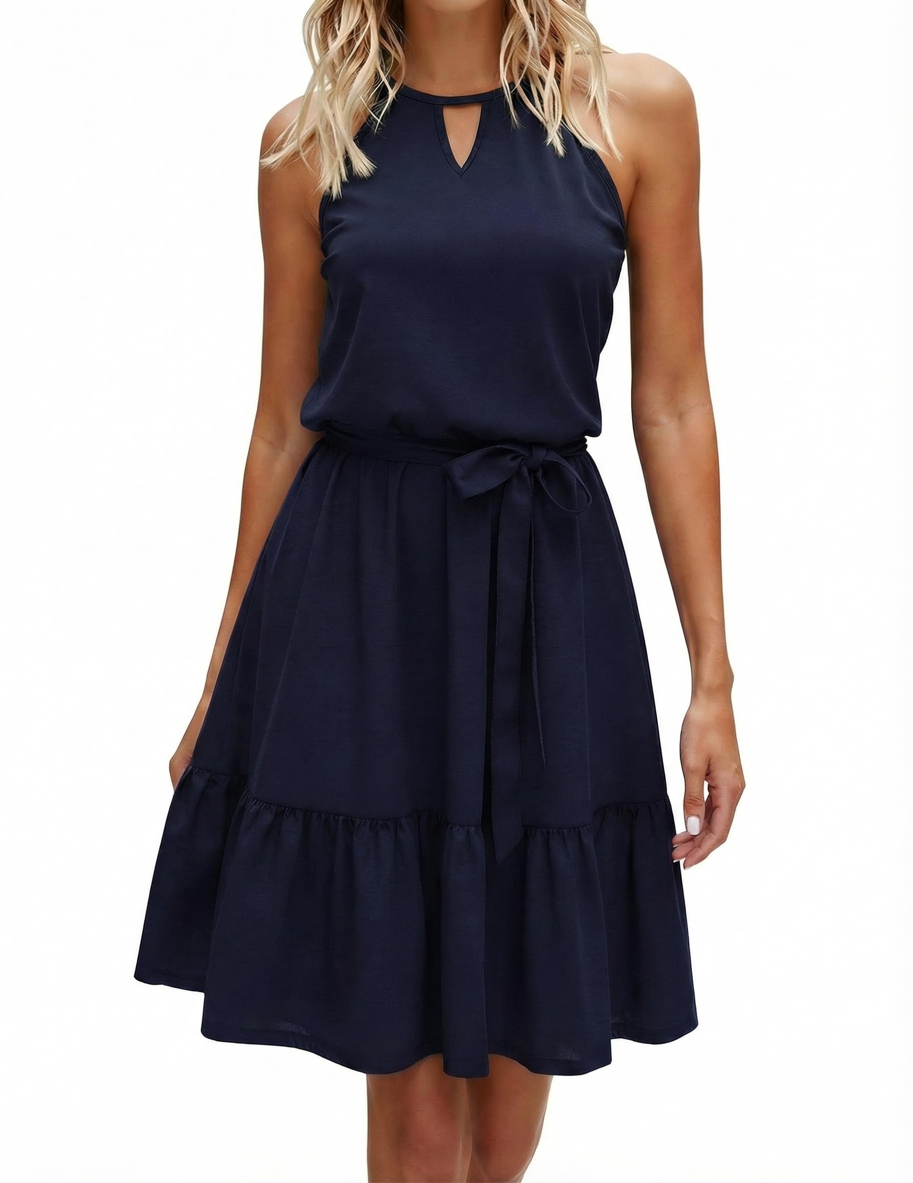 Zeagoo Kleid Damen Sommer Neckholder Kleider Knielang Keyhole Sommerkleid Rüschen Blumenkleid Freizeitkleid mit Taschen