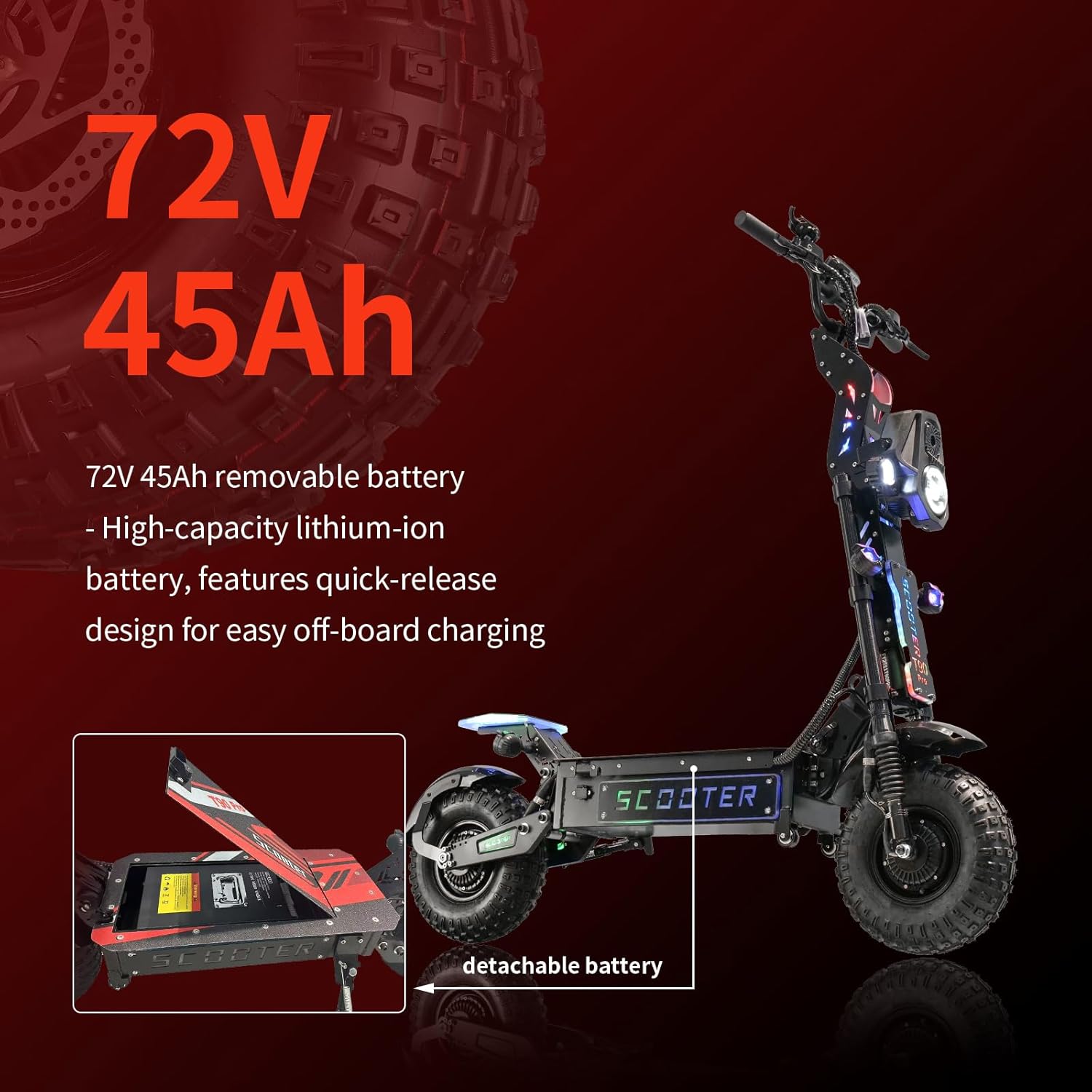T90 Pro Electric Scooter for Adults, 10000W Dual Motor, 68 MPH Max Speed, 72V Removable Battery, 14" Off-Road Tires 800lbs Max Load, Music Light, Waterproof, 65 Mile Range, Fast E-Scooter