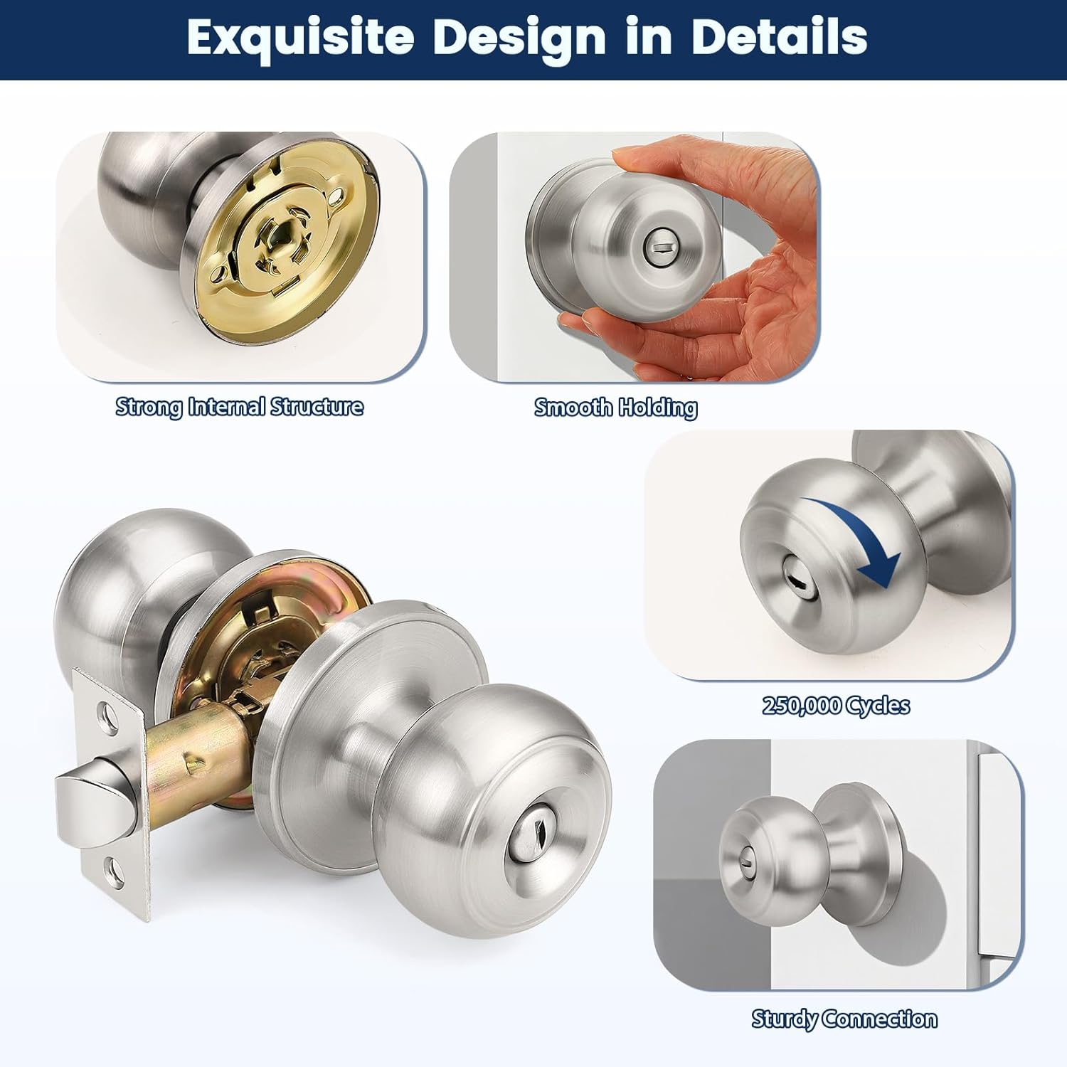 Orger 10 Pack Brushed Nickel Privacy Door Knobs Interior, Classic Round Shape Stain Nickel Bedroom Doorknobs with Lock, Keyless Modern Design Door Lockset for Bathroom and Bedroom