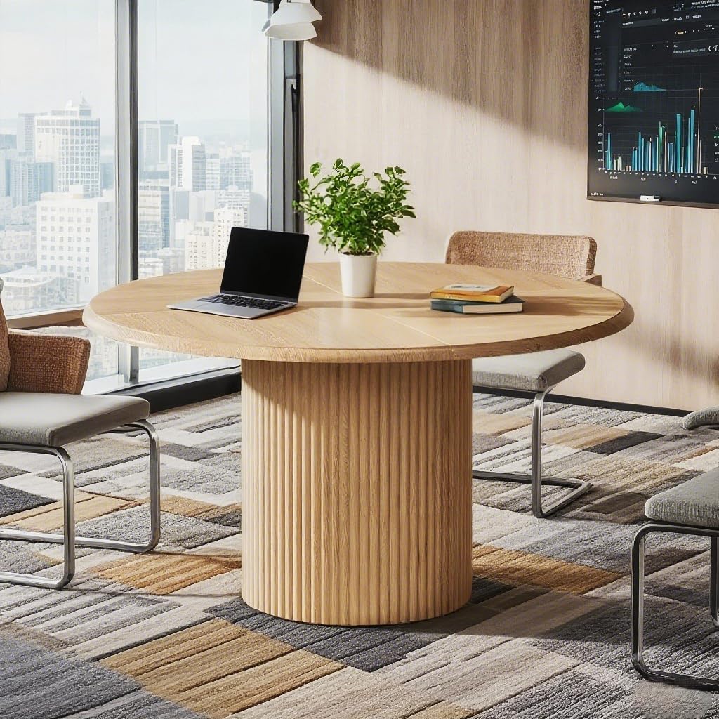 Tribesigns 47" Round Conference Table for 4-6 People, Farmhouse Wooden Meeting Room Table with Sturdy Fluted Metal Base, Modern Office Training Desk for Office, Conference Room