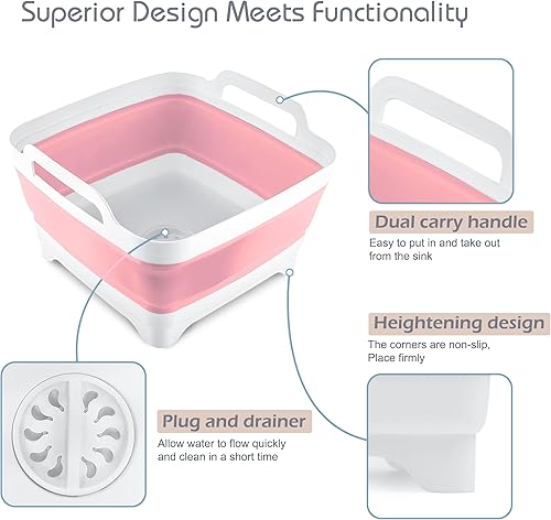 Miniatura 3 de Lavaplatos plegable de 2.4 galones (9L) con tapón de drenaje, para exteriores, multiuso, ahorro de espacio, bandeja de almacenamiento de cocina para