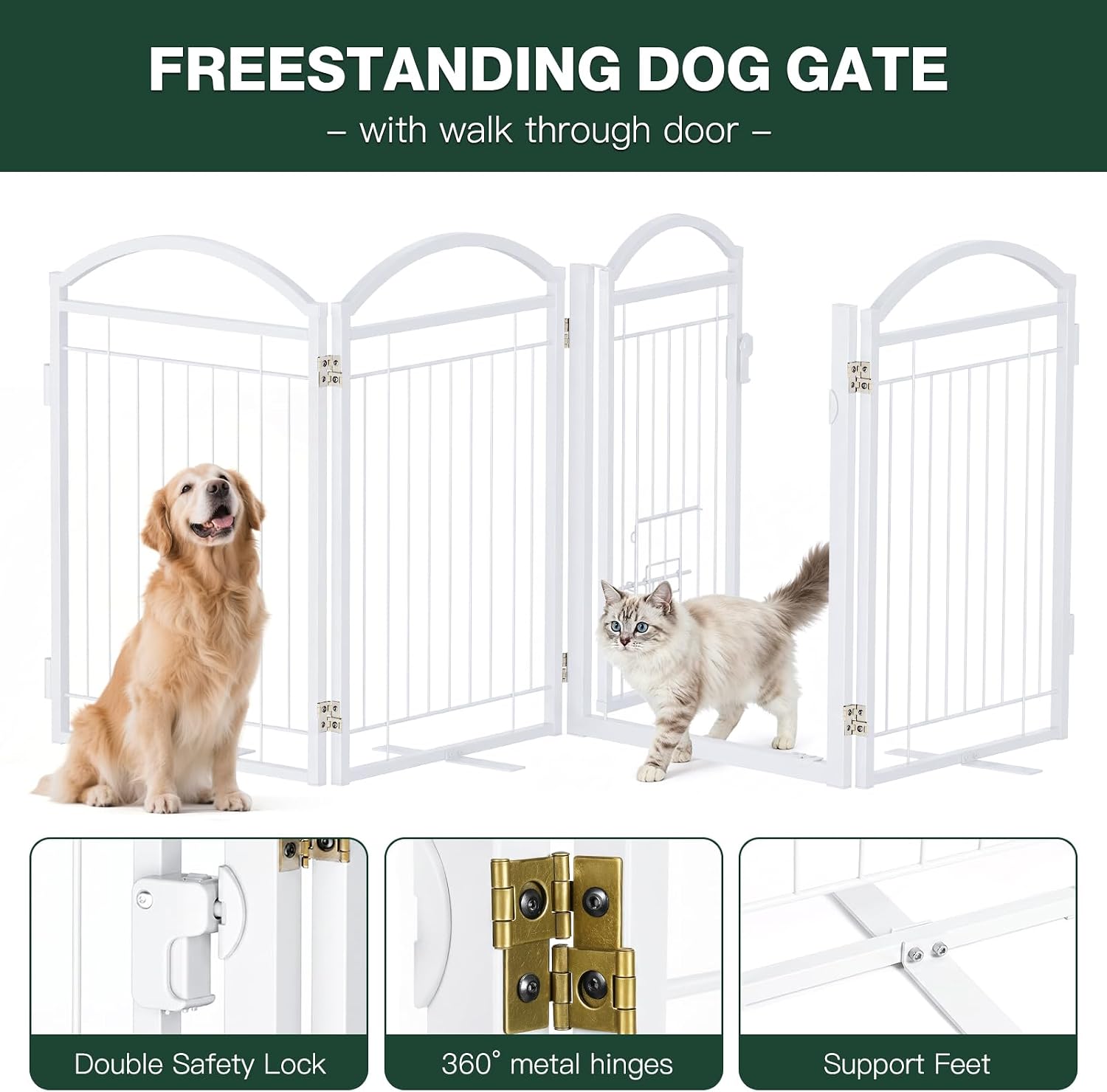 Metal Freestanding Dog Gate with Cat Door for Indoor & Outdoor,30" Tall Foldable Dog Fence,120" Extra Wide Freestanding Pet Gate for Large Openings,RV Camping,Stairs,Deck,Yard,Doorways(6 Panels,White)