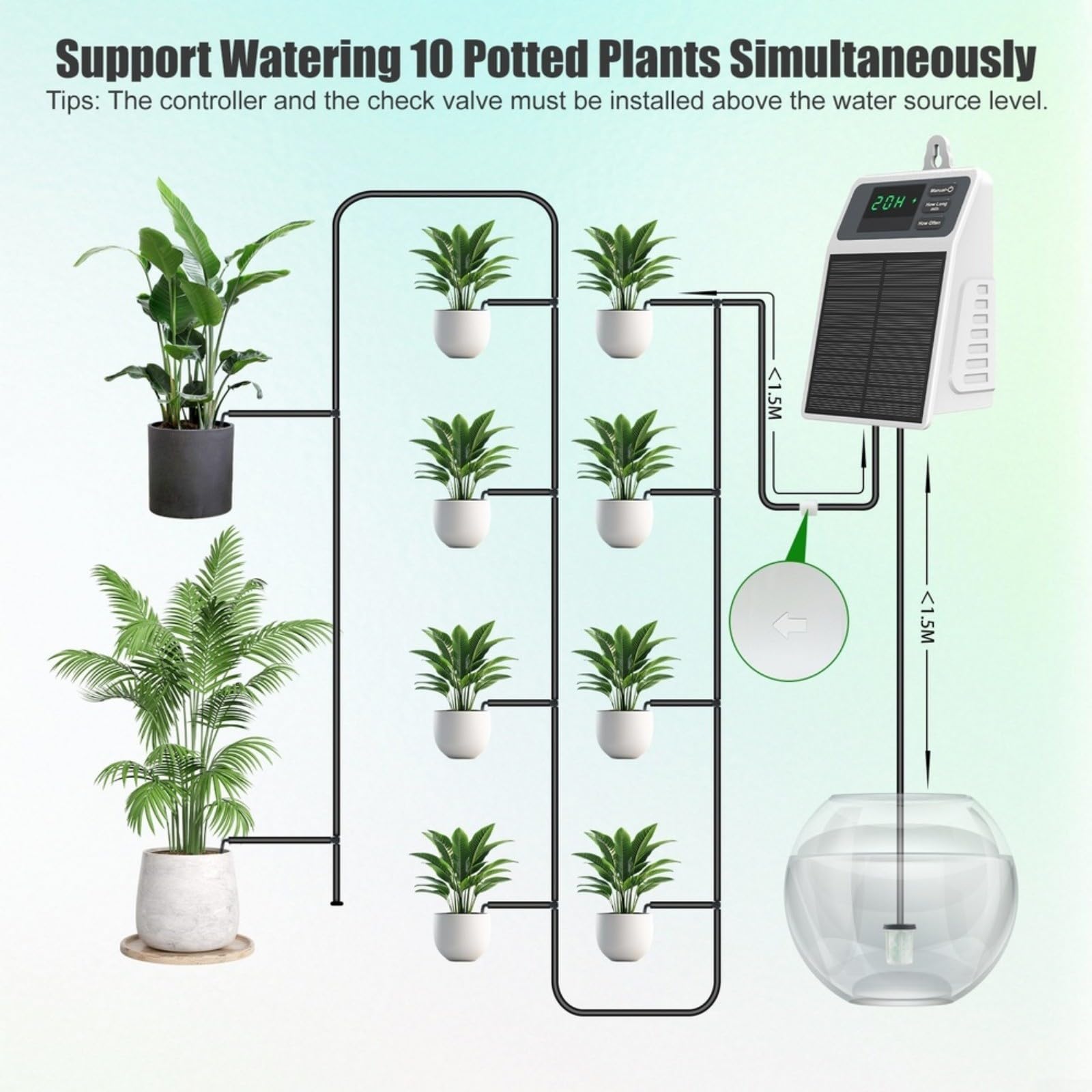 Sistema de riego por goteo solar, kit de riego automático de jardín de 10 m con batería de 2200 mAh, dispositivo de nebulización de plantas impermeable IPX5, para balcón, patio, cama de
