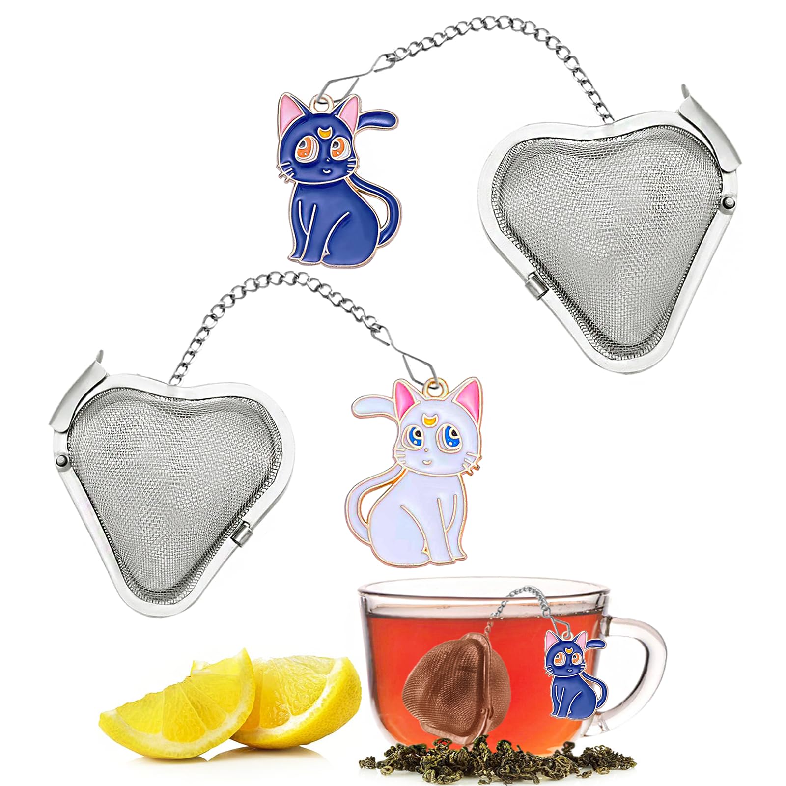 2 pcs tea infuser loose tea strainer, heart shaped stainless steel loose leaf tea infuser tea ball, cute pendant tea ball set tea gifts for tea lovers women (Black Cat + White Cat)