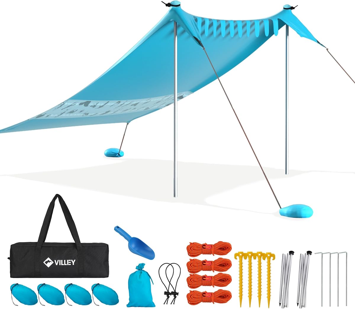 VILLEY Sonnenzelt 2m x 2,4m Blau, UPF50+ UV Schutz Lycra Strandzelt für 3 Personen, Sonnenschirm Strand mit Sandsack und 2 Stützstäbe für Picknick, Angeln, Sonnenschutz