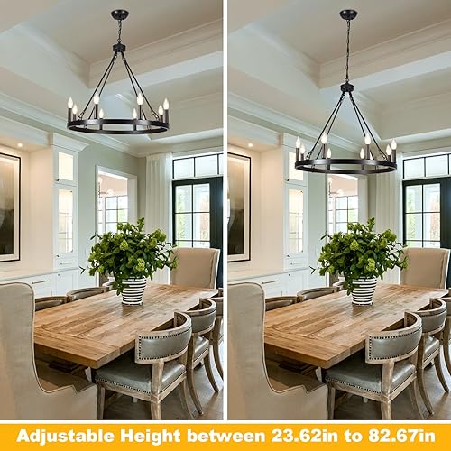 Miniatura 8 de ZJVAIVE Candelabro negro con rueda de vagón de 26 pulgadas, 8 candelabros negros claros para comedor, lámparas colgantes redondas rústicas para sala