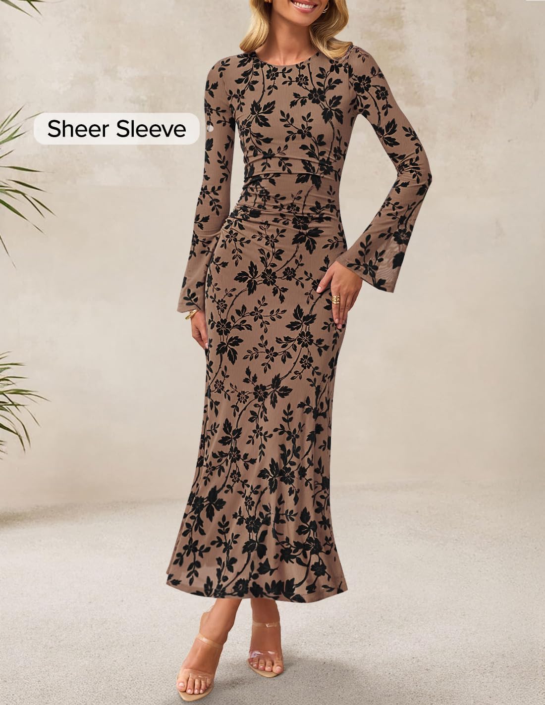 ZESICA Women's Long Sleeve Floral Bodycon Dress 2026 Spring Fall Ruched Mesh Wedding Guest Cocktail Party Maxi Dresses - Image 2