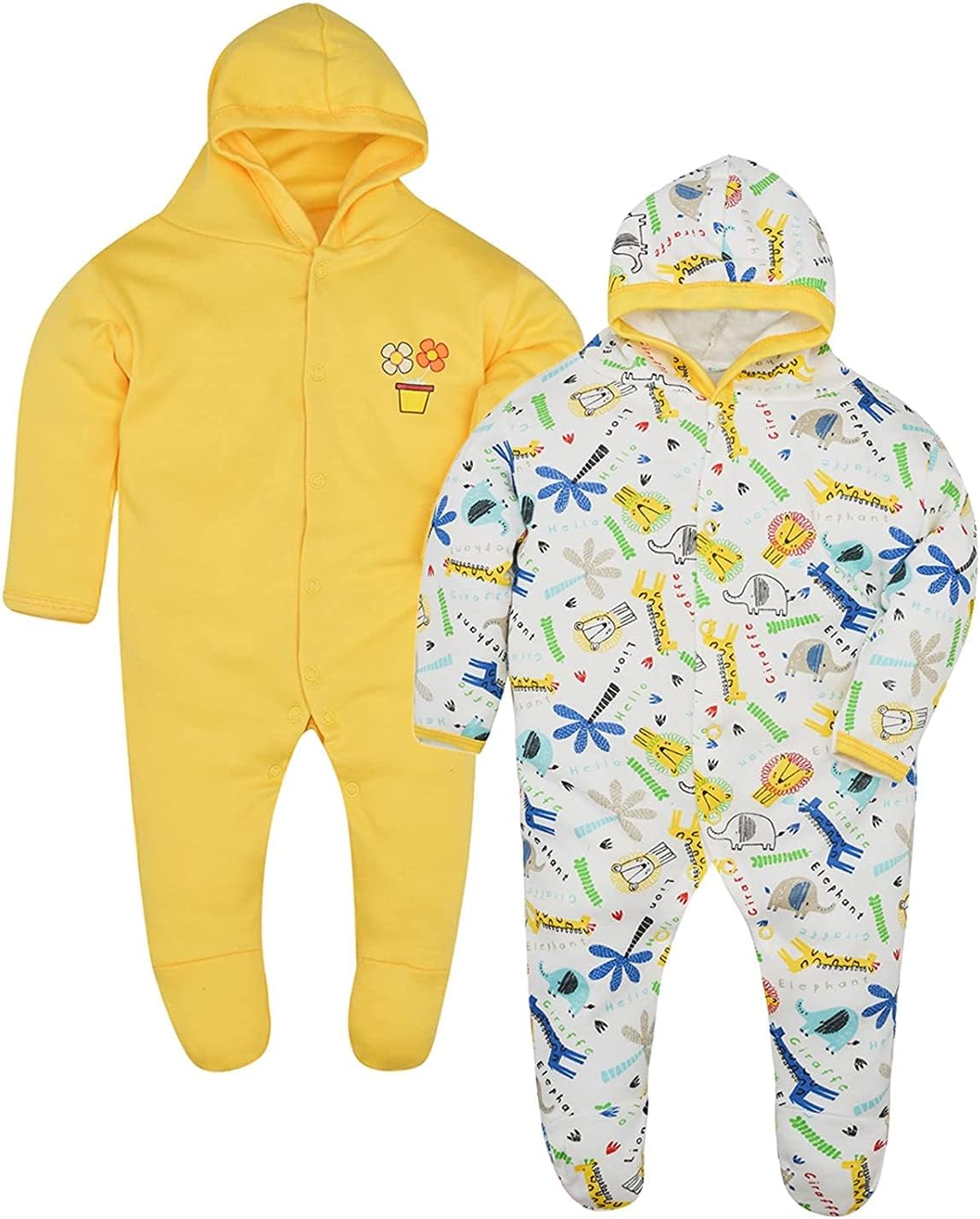 Appu Kids Front Open Full Sleeves Sleepsuit Hooded with Foot Easy Dressing and Diapering Romper Set of 2
