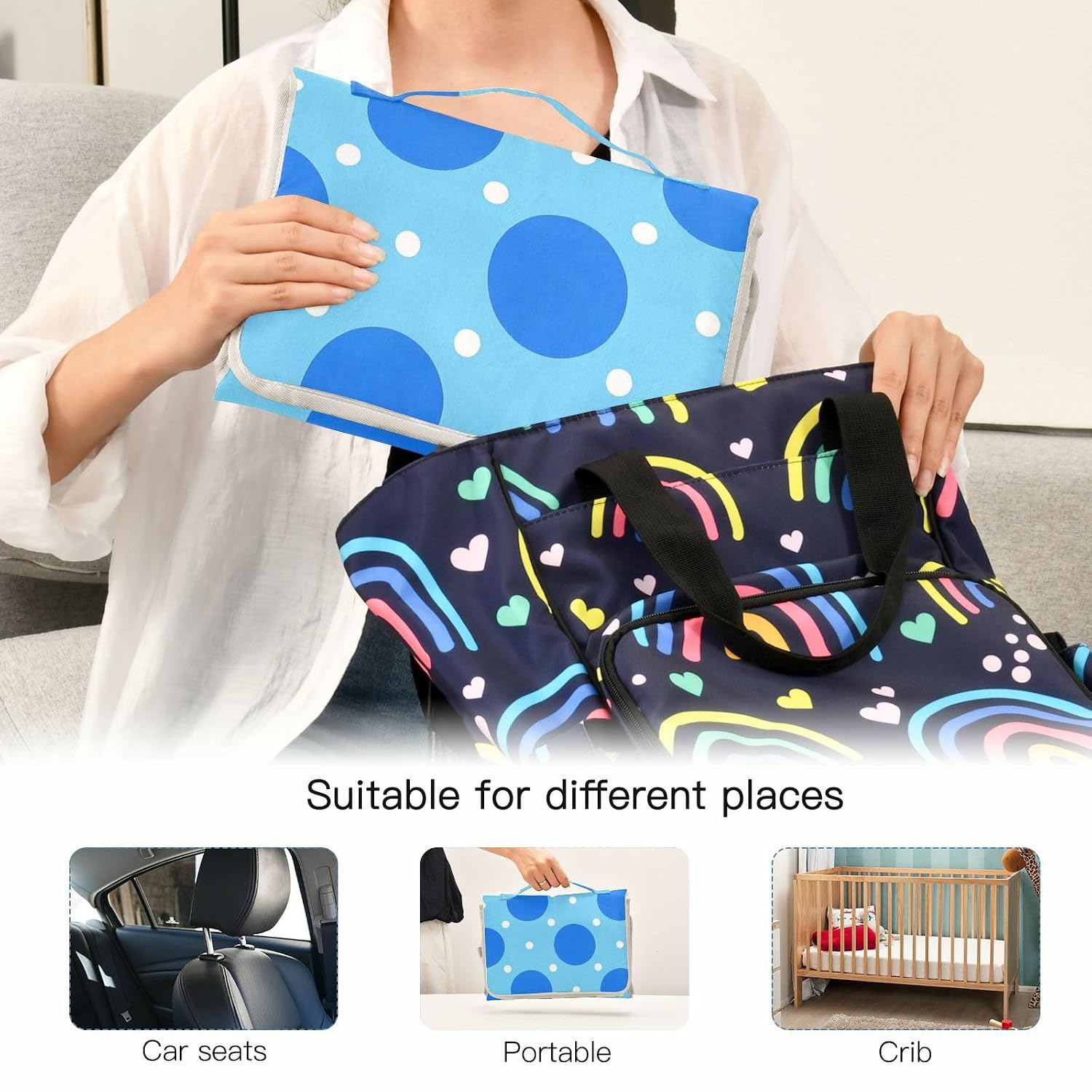 Cartoon Cute Blue Polka Dots Reusable Changing pad Portable with Tissue Pocket Diaper mat Changing pad Lightweight & Foldable Changing Station cambiadores de pa?ales para Bebes