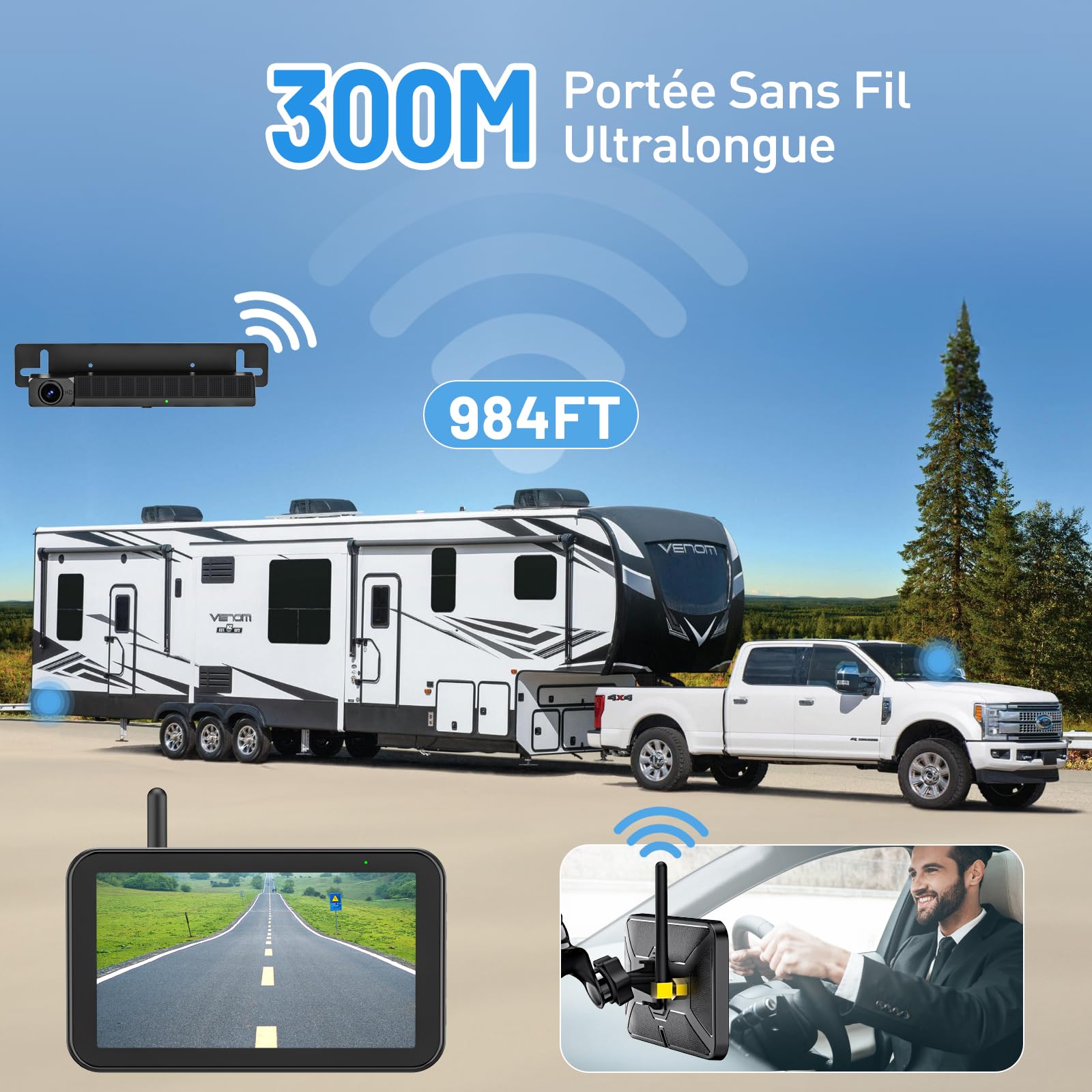 5" Caméra de Recul sans Fil Solaire, 2 Mins Installation Facile | Caméra de Recul Kit IR Vision Nocturne, IP66 Imperméable, Signal Numérique Stable, pour Fourgon/Camion Car/RV/SUV/Remorque