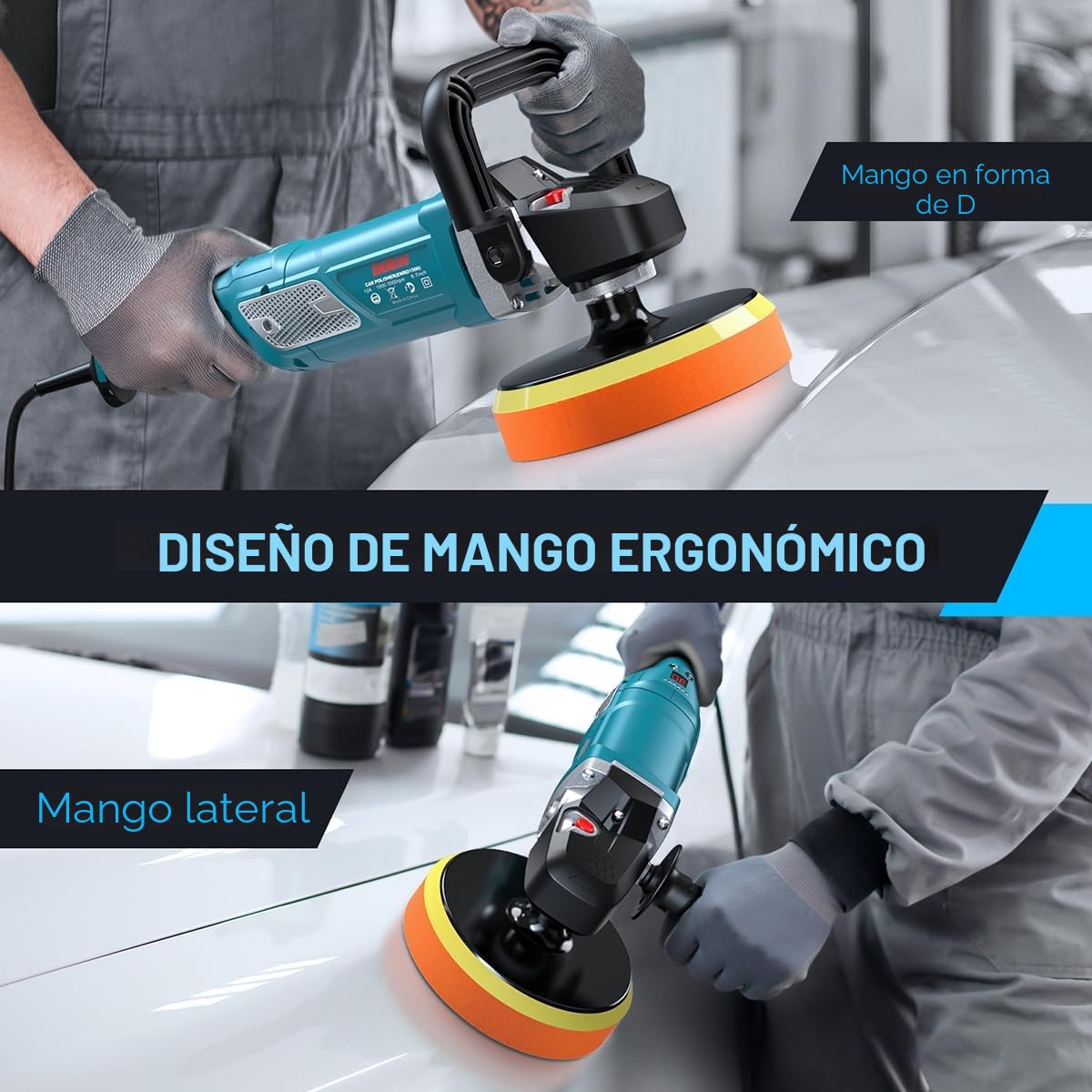 ENEACRO Pulidora Coche, 1800W Máquina Pulidora, Velocidad Variable con Pantalla LCD, Plato de Apoyo 150/180mm, Mangos Desmontables, Ideal para Lijar, Pulir y Encerar Barcos y Coches